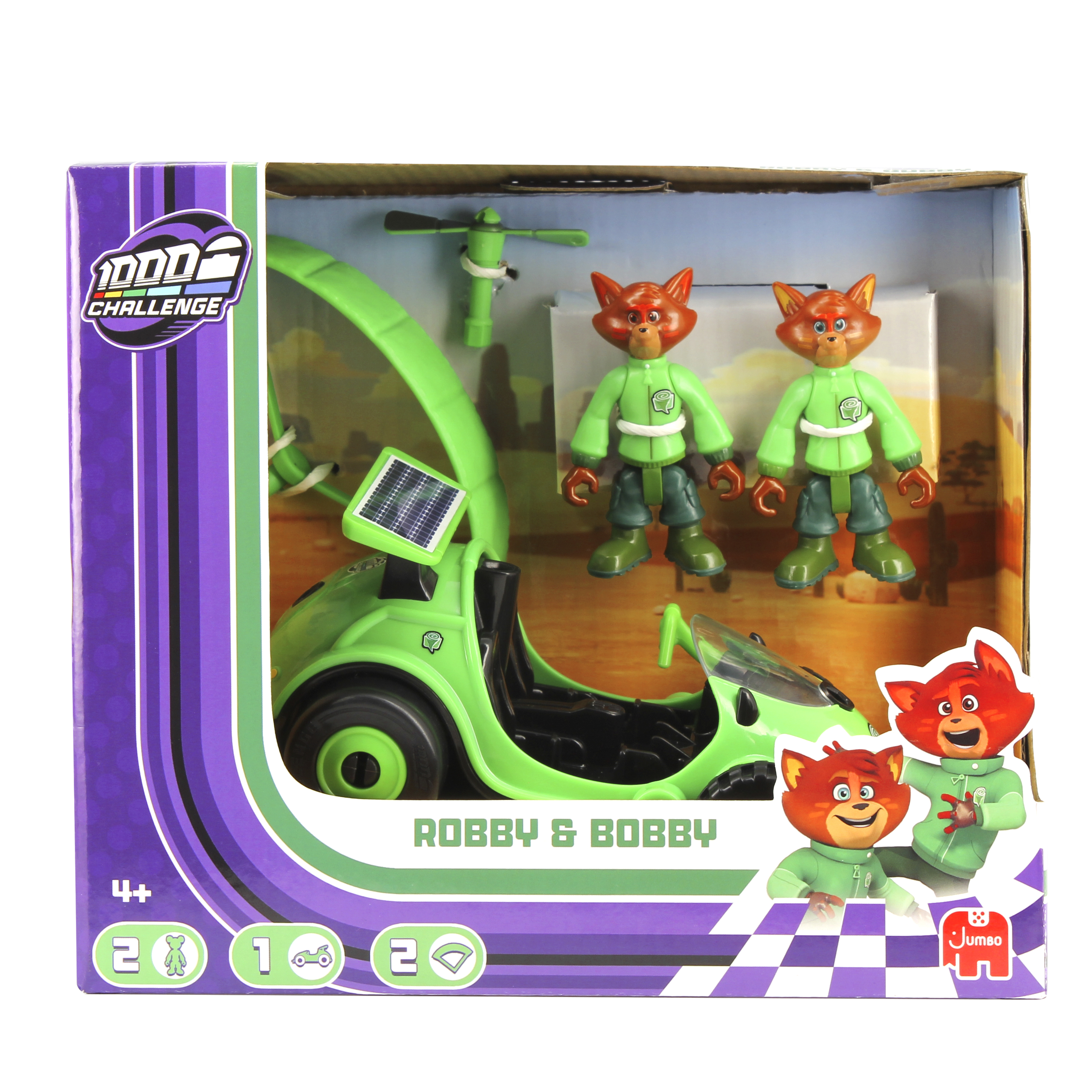 Verpacktes Spielzeugset: grünes Auto, zwei Fuchsfiguren und ein grüner Hubschrauber. Die Box hat lila und grüne Akzente.