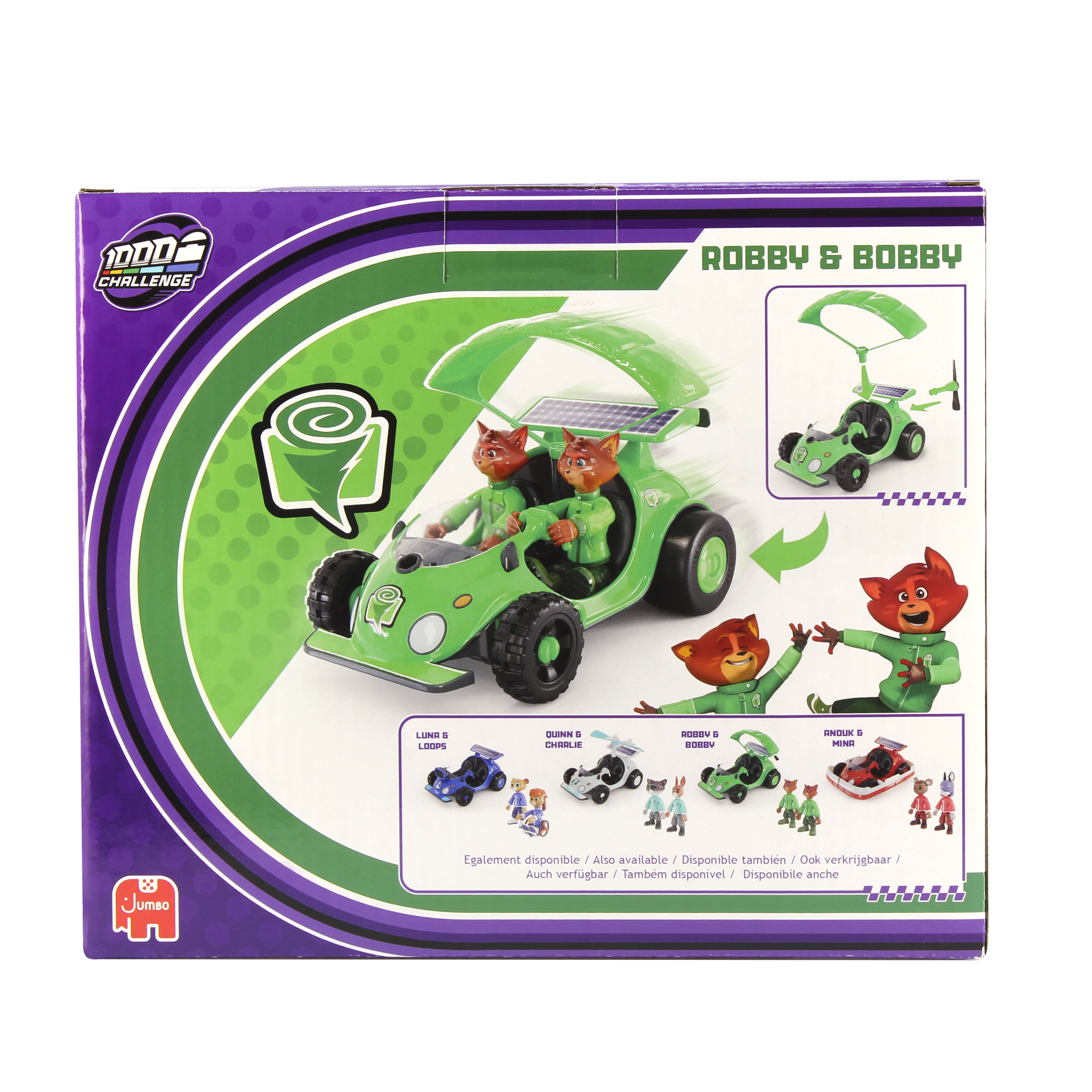 Rückseite einer Box mit einem grünen Spielzeugauto und Fuchsfiguren. Enthält Informationen zum Spielzeug.