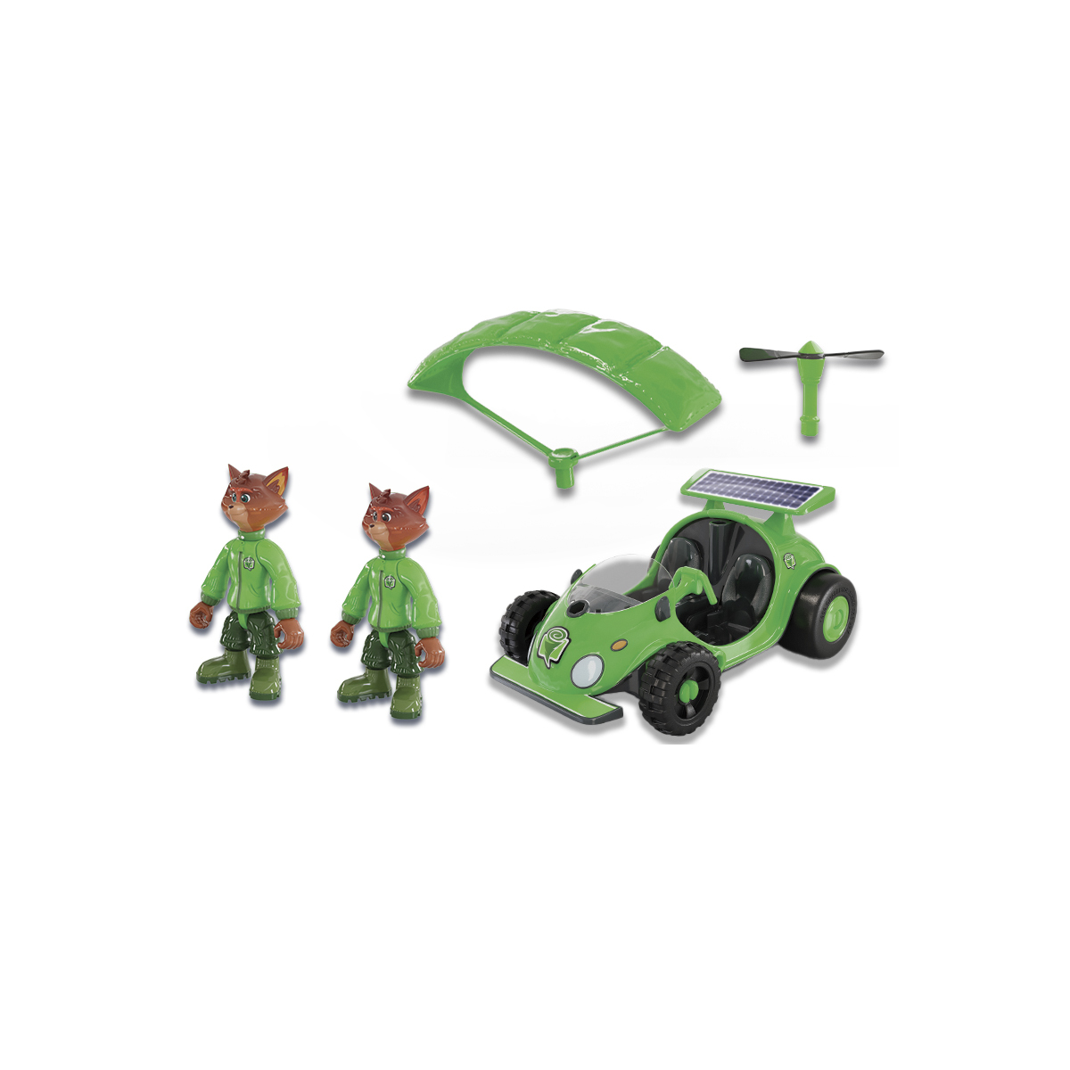 Grünes Spielzeugauto mit Figuren. Fallschirm, Propeller und zwei fuchsartige Figuren.