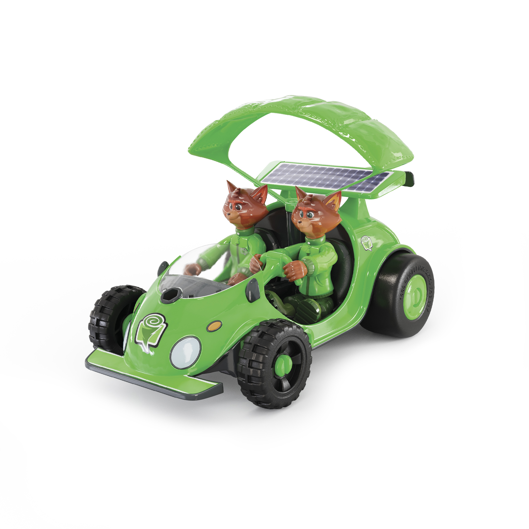 Grünes Spielzeugauto mit zwei Katzenfiguren. Das Auto hat ein Solarpanel-Dach und große Räder.