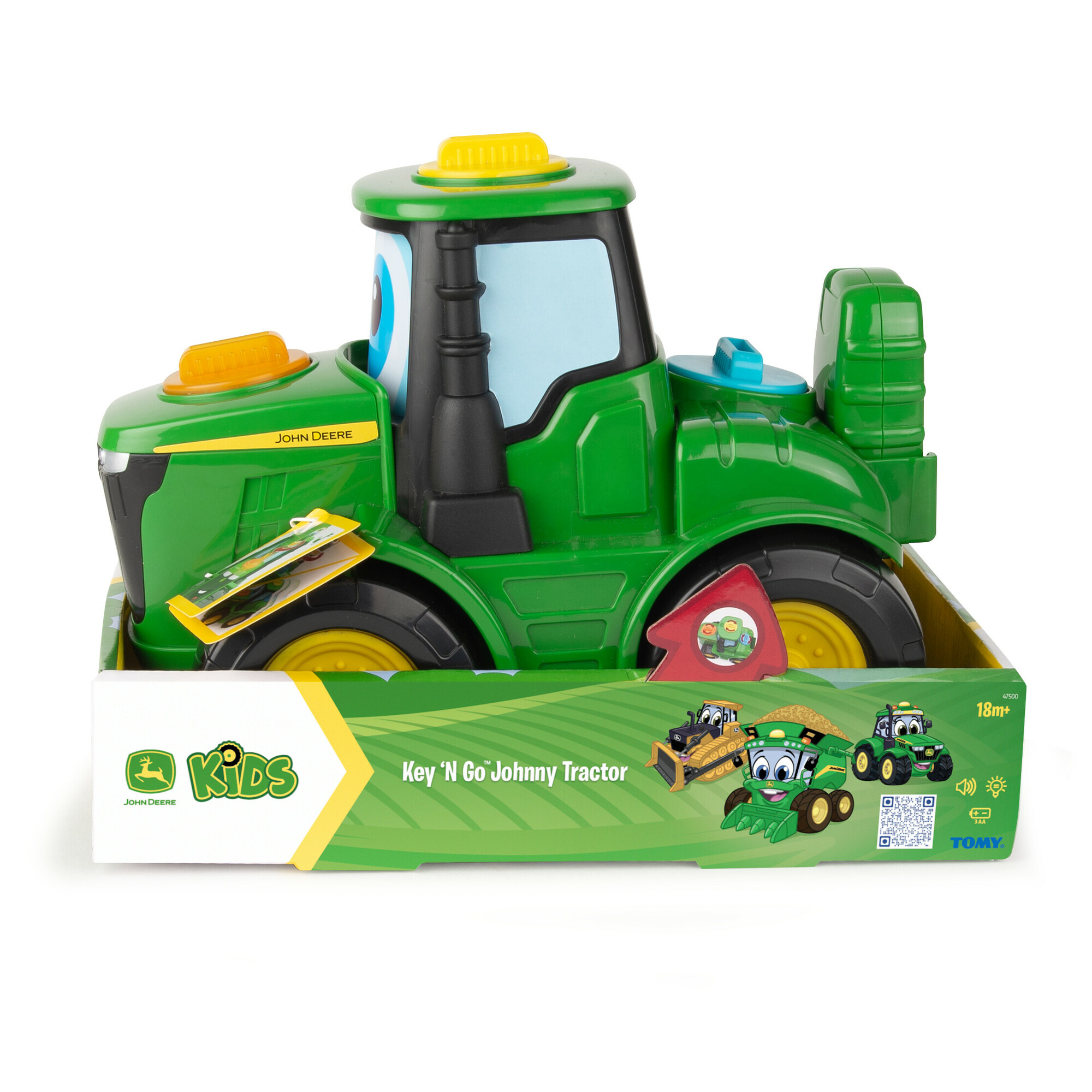 Zielony traktor zabawkowy w pudełku. Pudełko zawiera ilustracje traktorów i logo 'John Deere'.