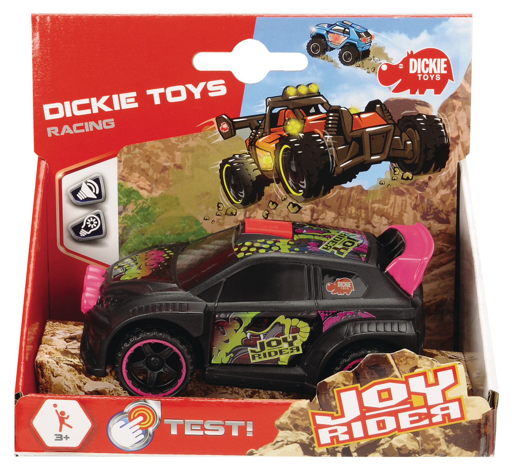 Ein Spielzeugauto in einer Box mit der Aufschrift Dickie Toys, mit Rennwagen und kleinem Auto oben.