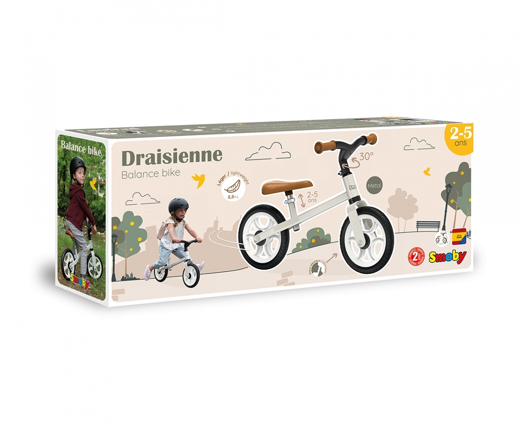 Una scatola di bici senza pedali con un'illustrazione di bicicletta, un bambino sulla bici e testo.