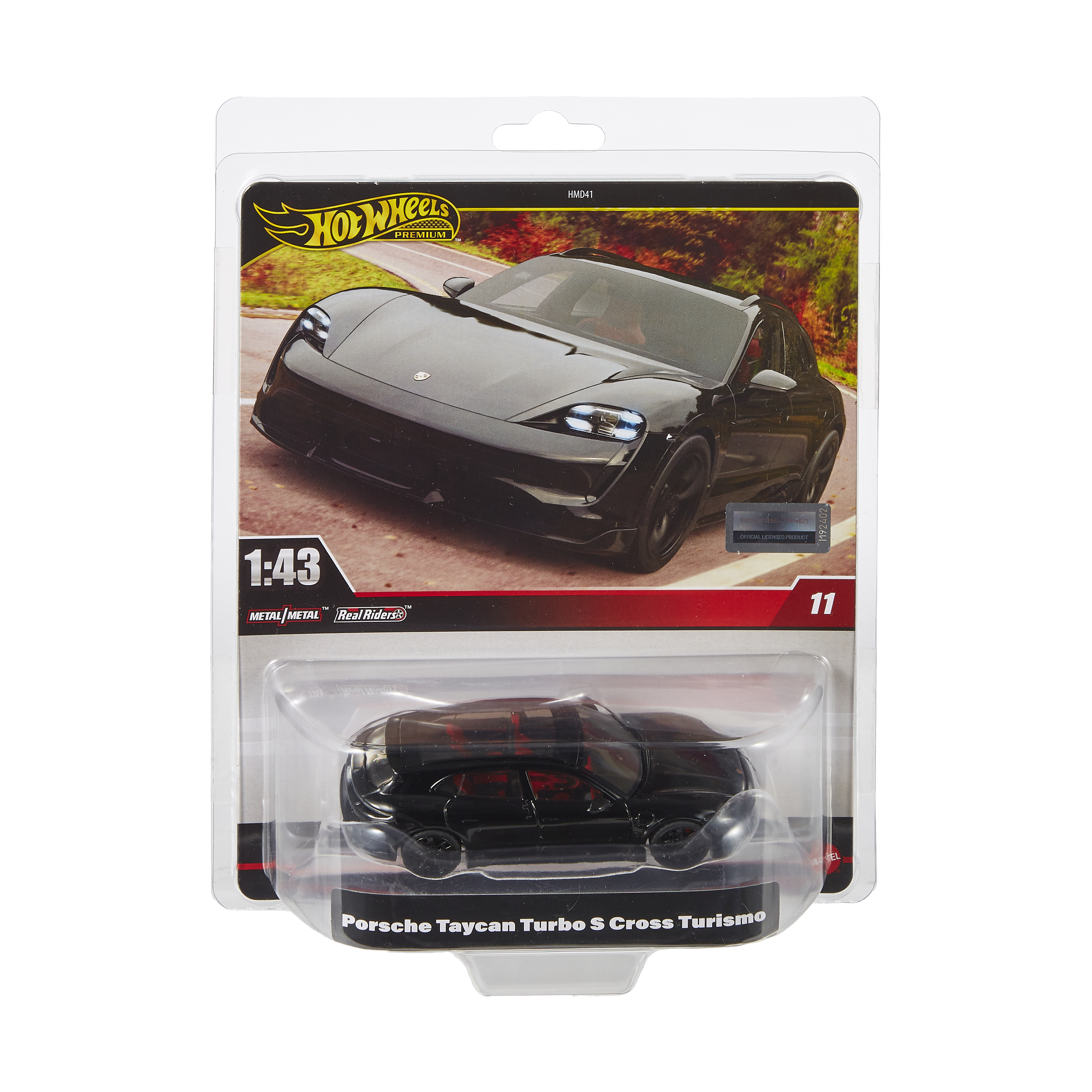 Hot Wheels Porsche Taycan Turbo S Auto in Kunststoffverpackung. Das Auto ist schwarz mit Details auf der Verpackung.