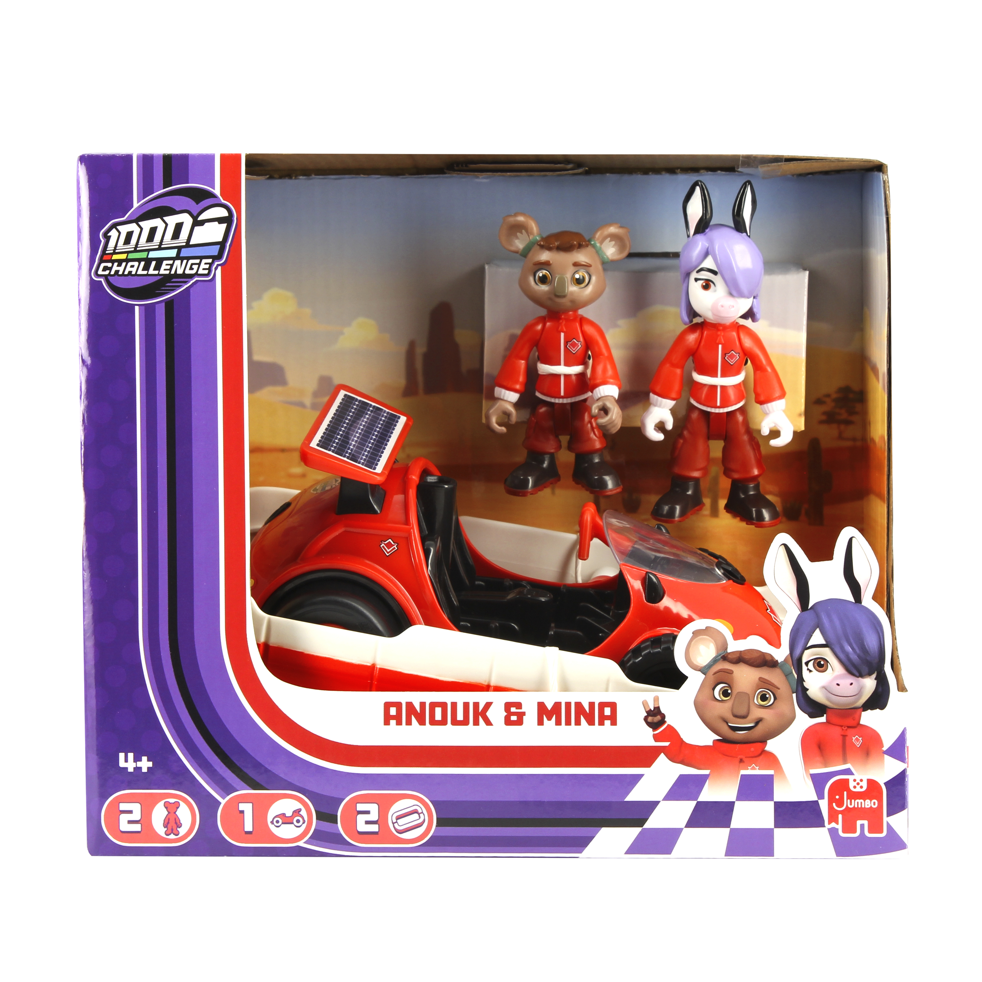 Zestaw zabawek 'Anouk & Mina', z dwiema figurkami i czerwonym samochodem. Opakowanie jest czerwone i ma białe i fioletowe elementy.