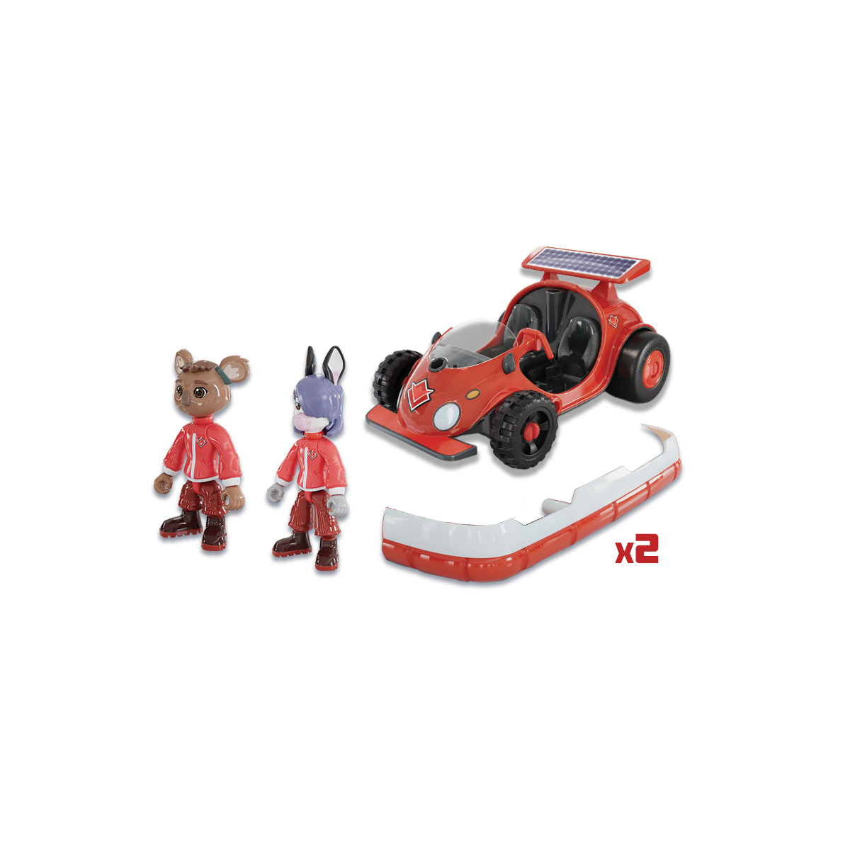 Zabawkowy samochód z dwiema figurkami i dwiema zapasowymi częściami zderzaka. Wszystko jest czerwone, białe i brązowe.