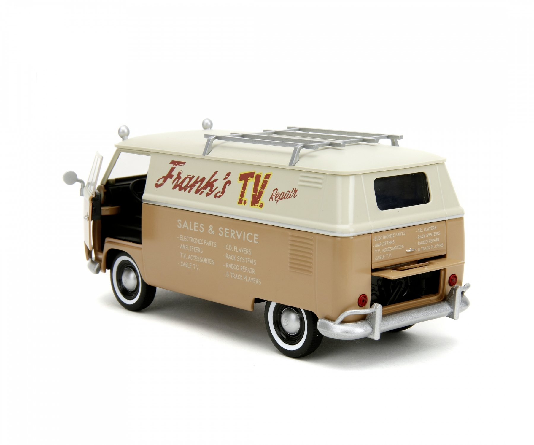 Furgone giocattolo con logo "Frank's TV Repair". Schema di colori beige e bianco. Sfondo bianco.