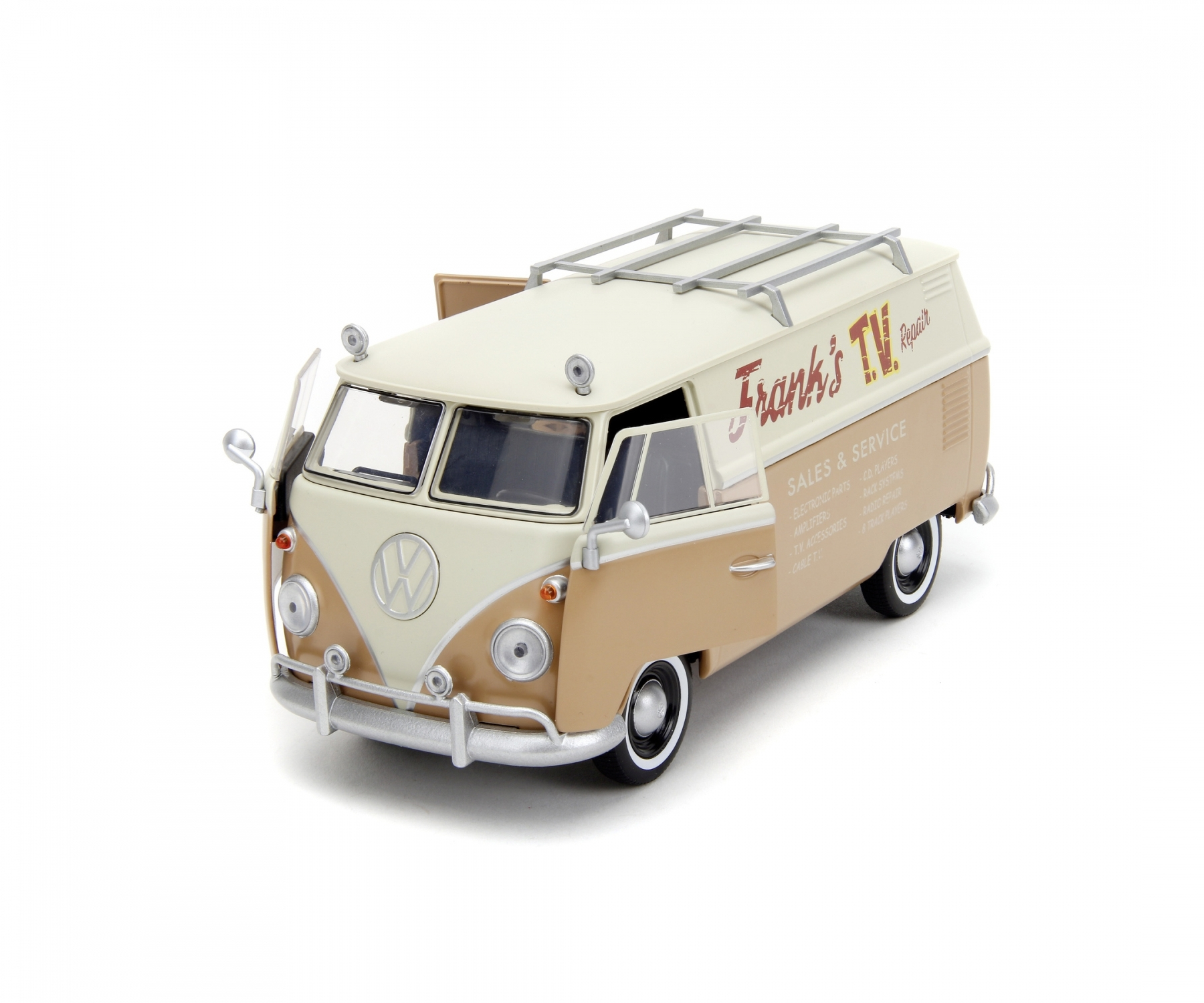 Un modello di un furgone Volkswagen vintage beige e bianco, con le porte aperte.