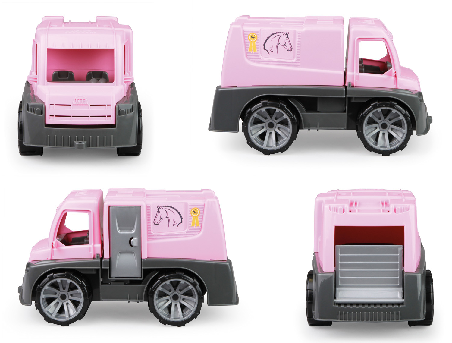 Camion giocattolo rosa con grafica di cavallo e guidatore in cabina, con sfondo bianco.
