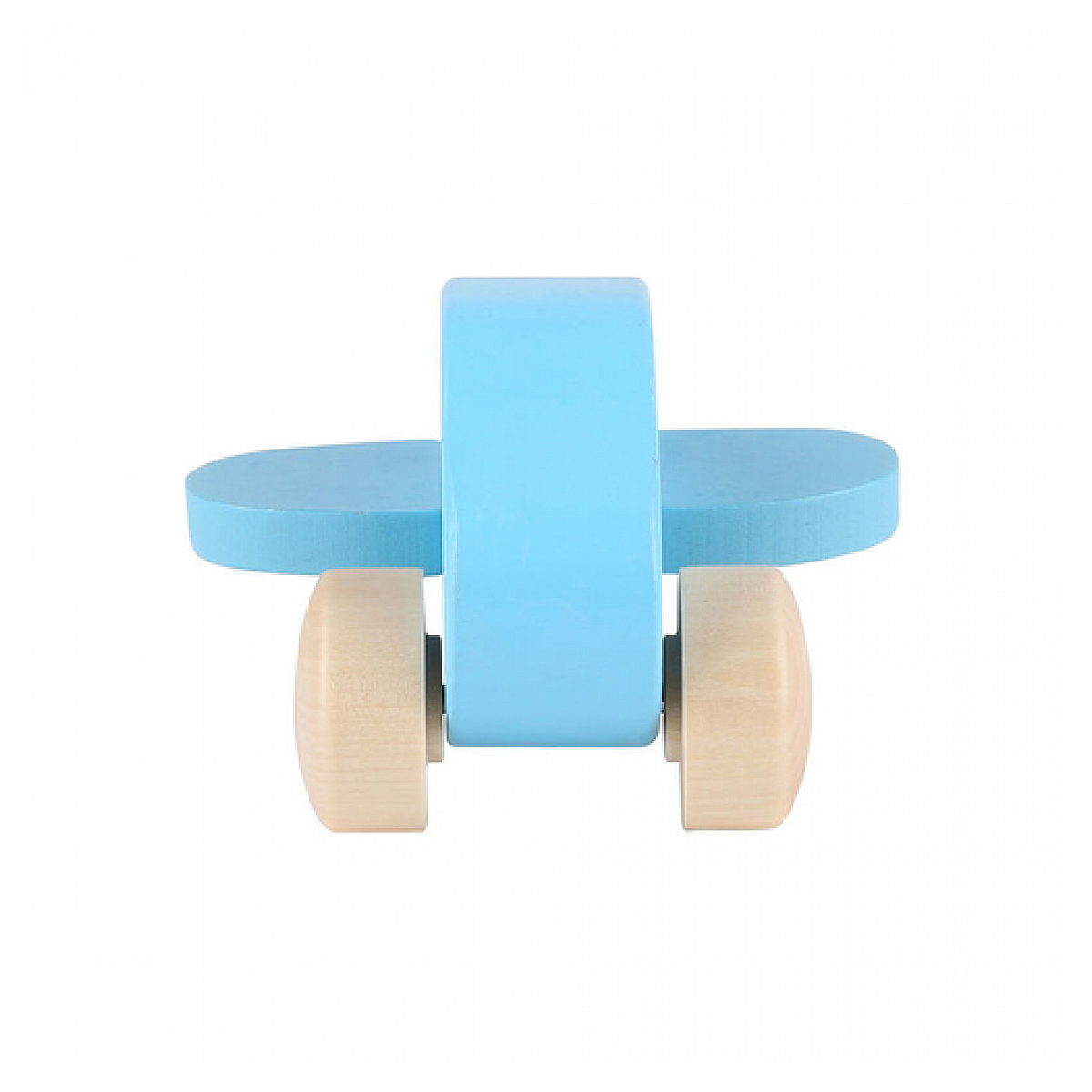 Niebieski samolot zabawkowy z drewnianymi kołami. Ma pionowe usterzenie i poziome skrzydło.