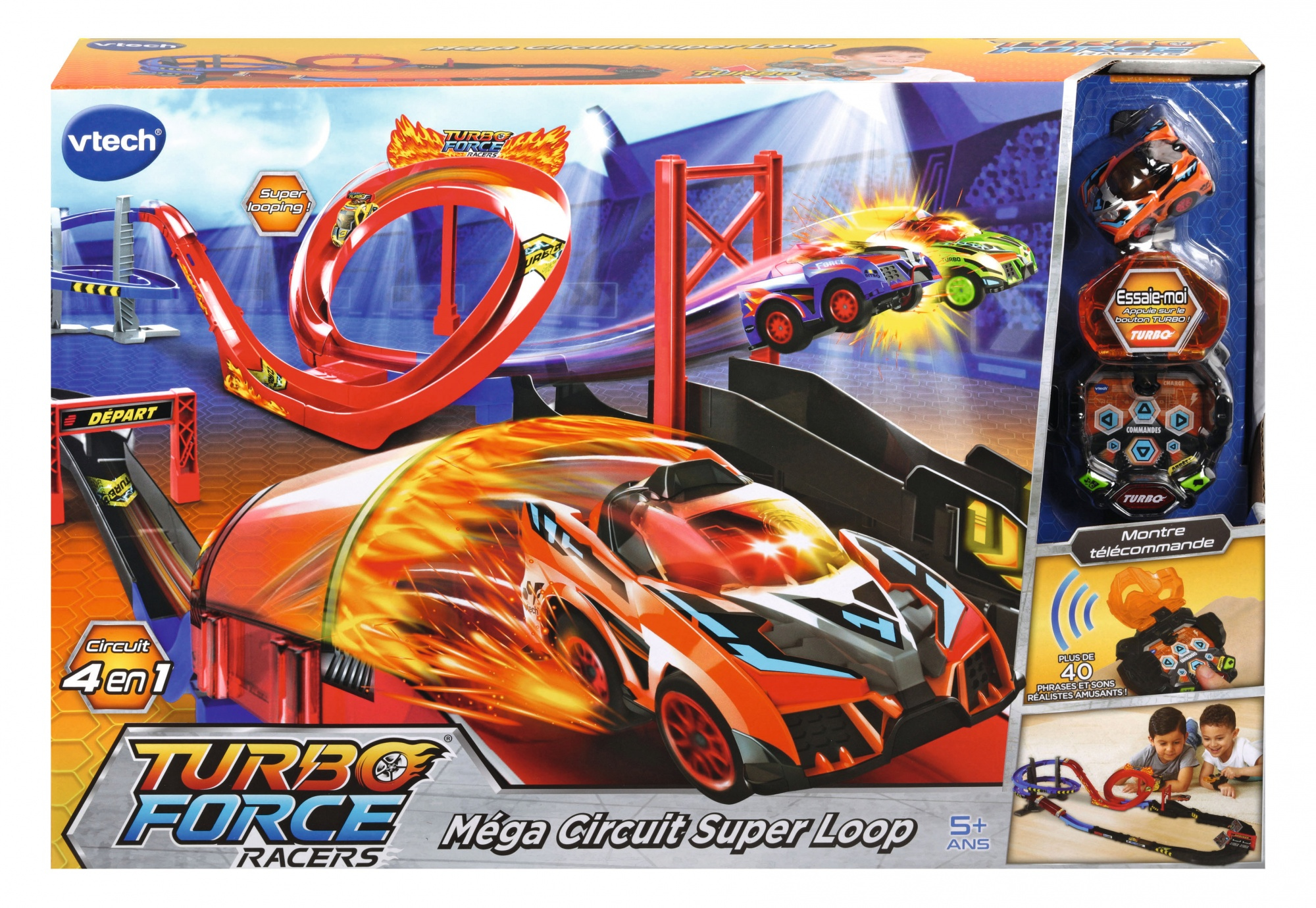 Spielzeug-Rennstrecke mit Auto und Uhr.