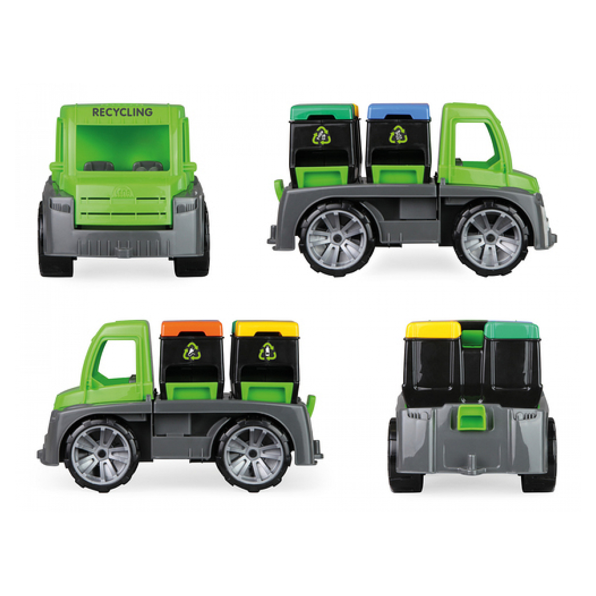 Cztery widoki zielonej zabawki ciężarówki do recyklingu z wielokolorowymi pojemnikami z tyłu.