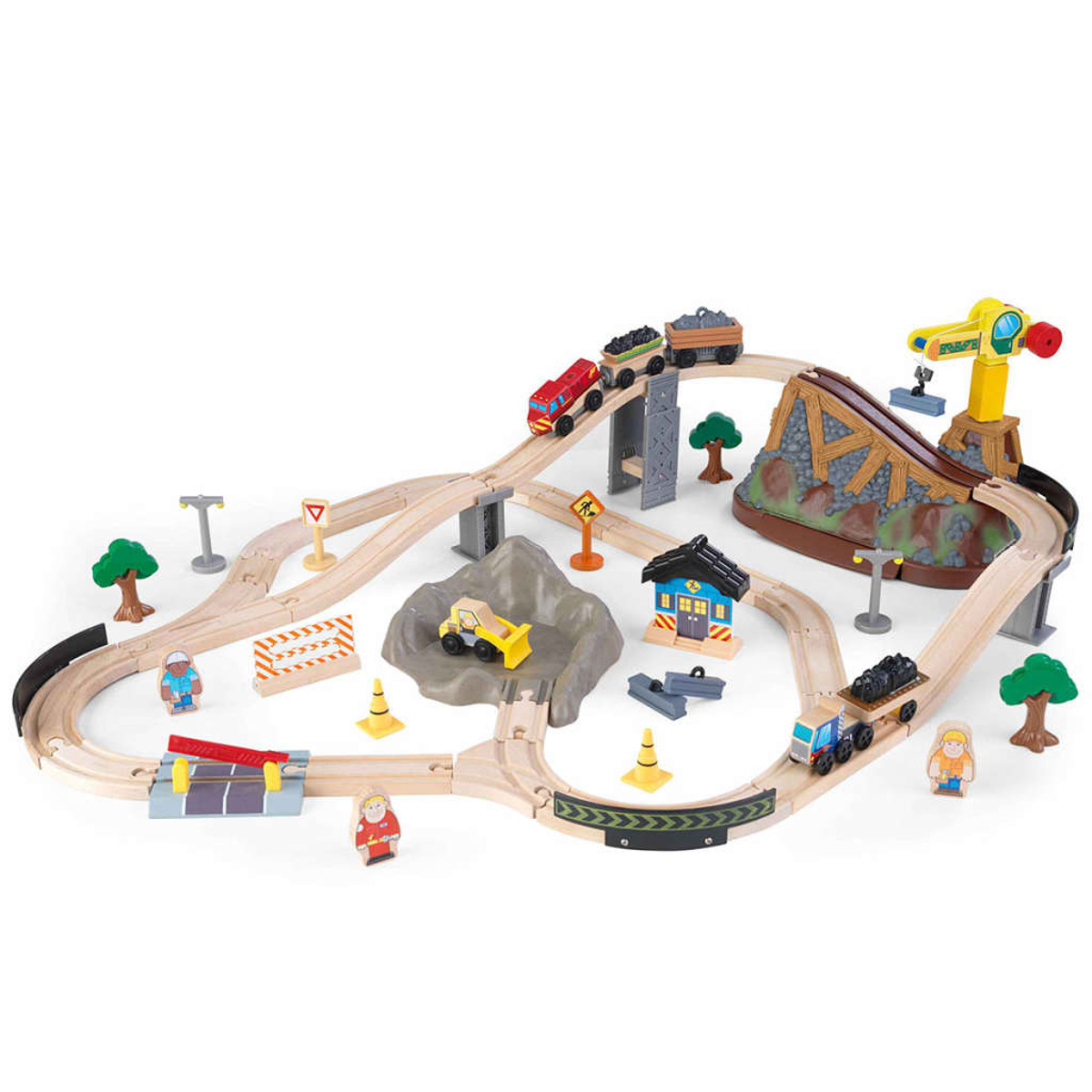 Drewniany zestaw kolejki z torami, figurkami, górą i dźwigiem.