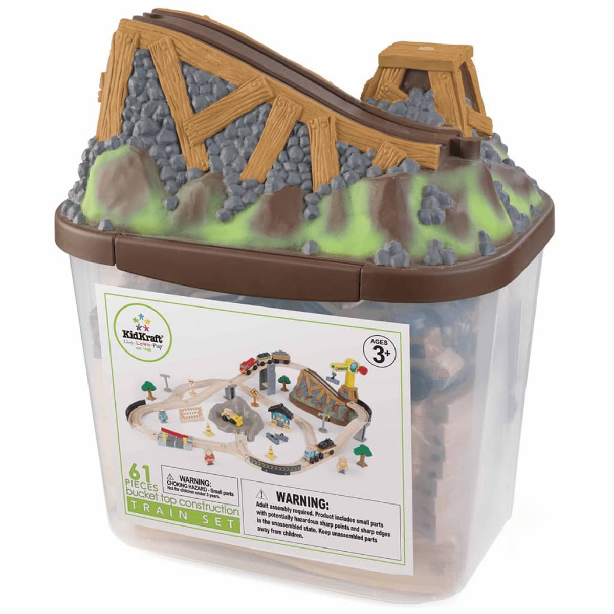 Zestaw kolejki zabawki w przezroczystym plastikowym pojemniku. Zestaw zawiera tor, górę i akcesoria.