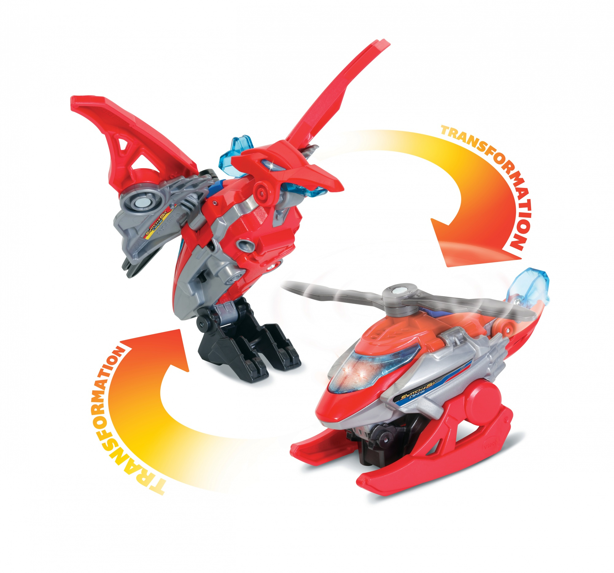 Czerwona zabawka, która przekształca się z dinozaura w helikopter. Pokazana jest transformacja.
