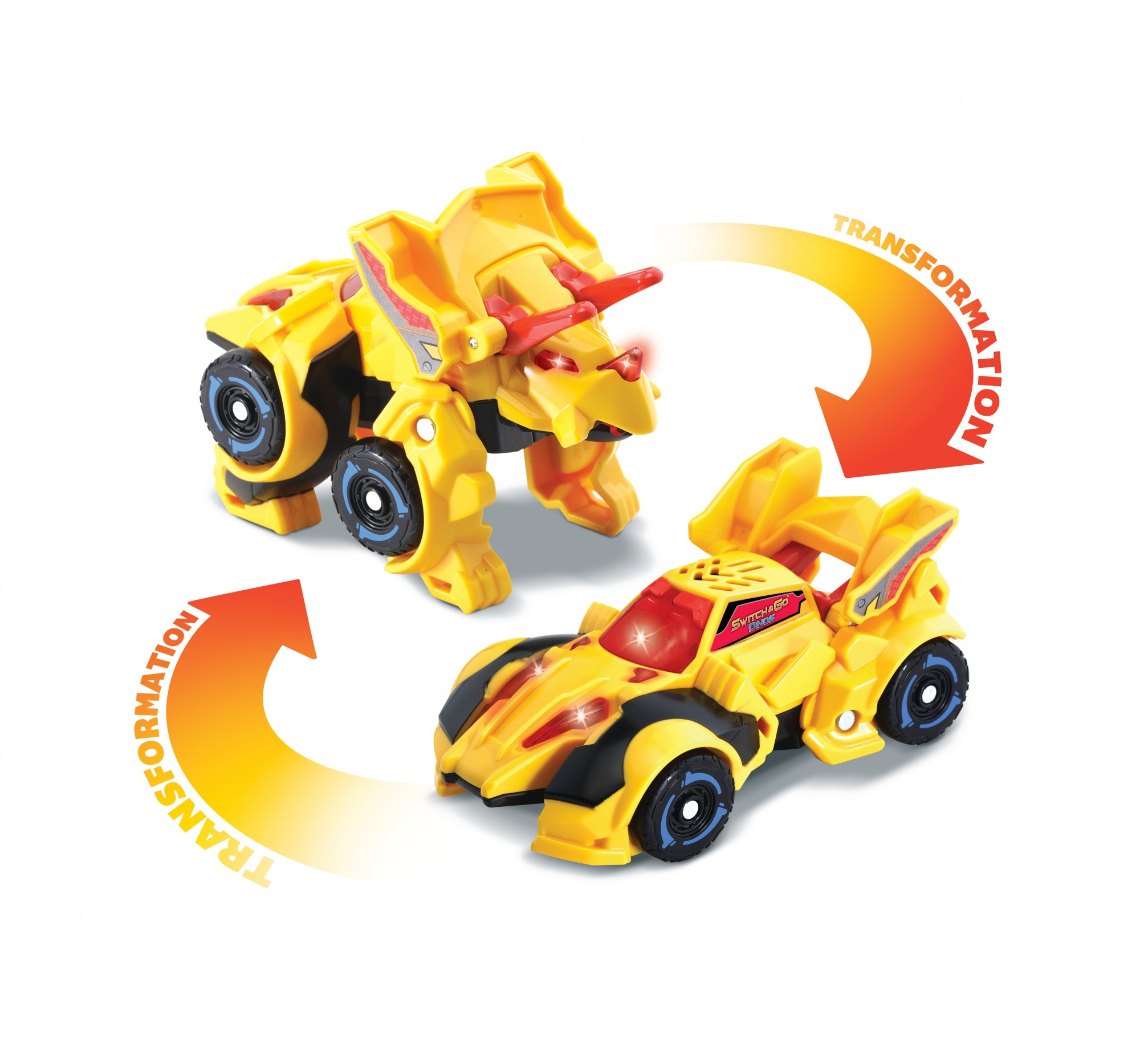 Żółta zabawka, która transformuje się z dinozaura w samochód wyścigowy.