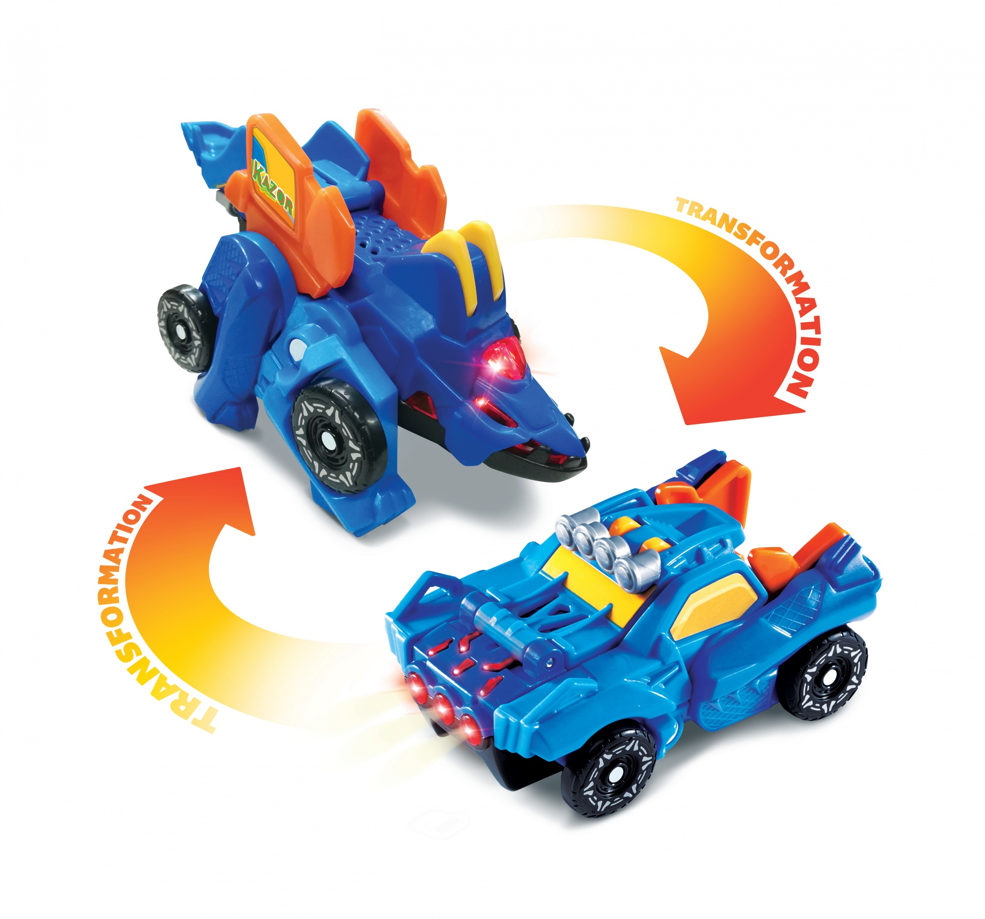 Niebieska zabawka, która przekształca się z dinozaura w samochód. Pokazana jest transformacja.