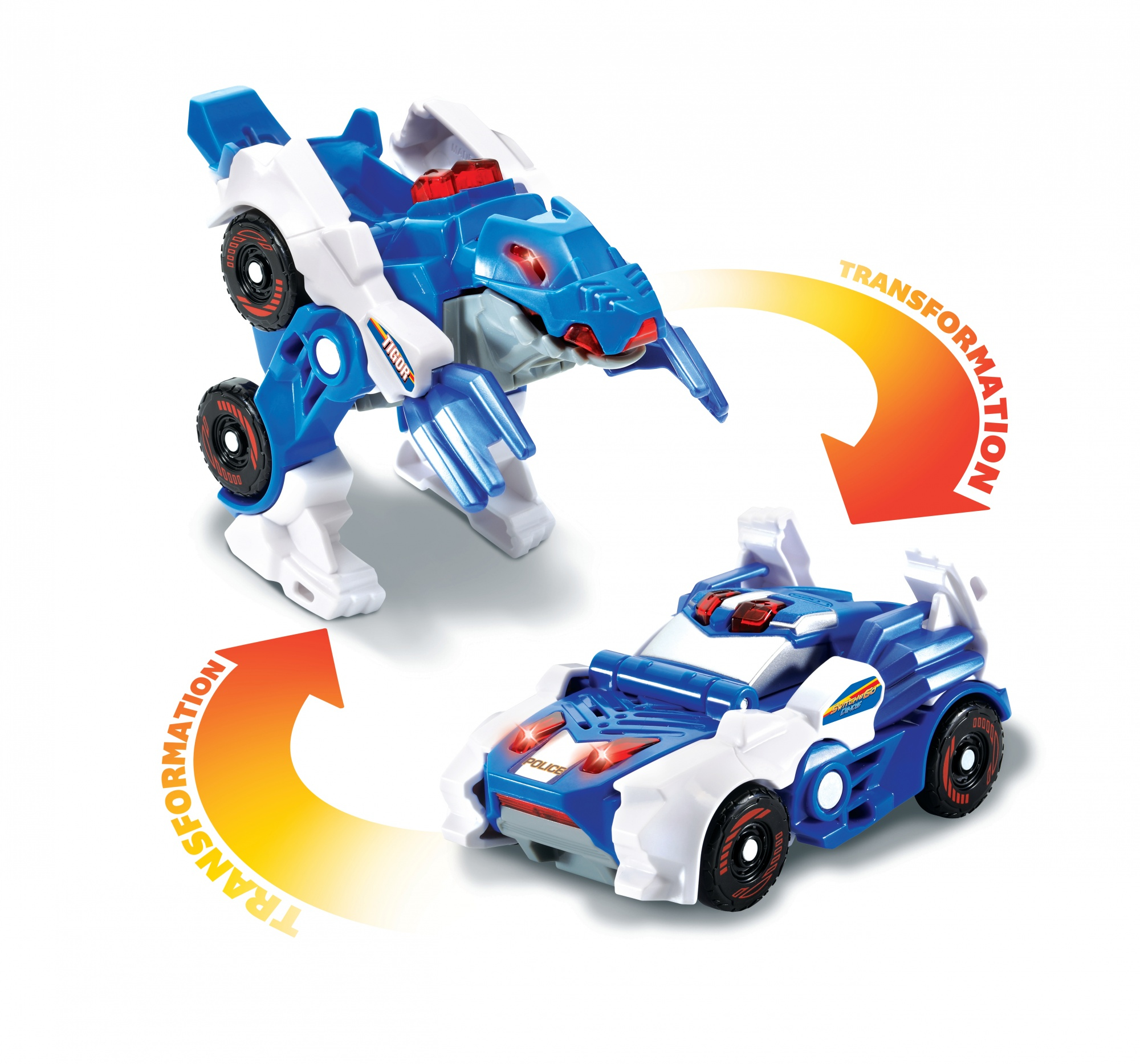 Niebiesko-biała transformująca się zabawka. Jedna to robot, druga to radiowóz. Strzałki wskazują transformację.