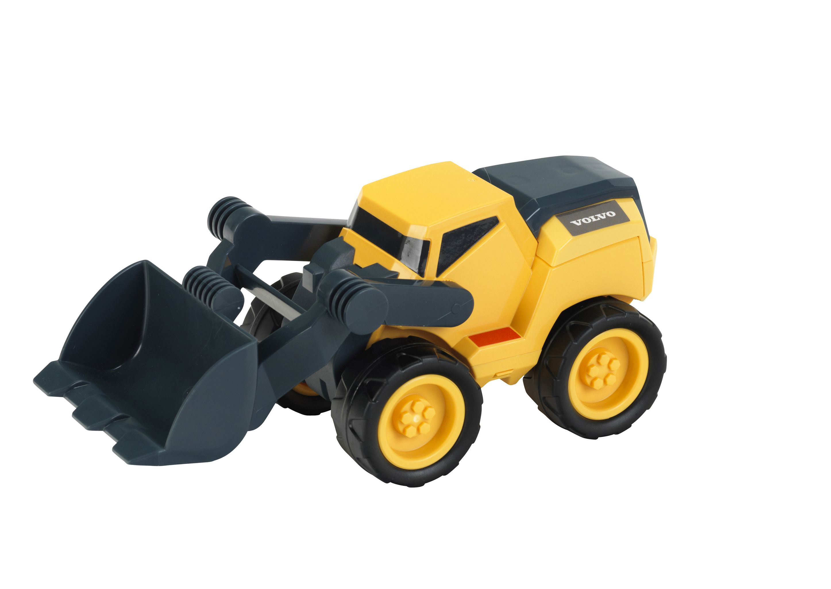 Żółta zabawka Volvo koparka z szarą łopatą i czarnymi oponami. Widoczne logo Volvo.