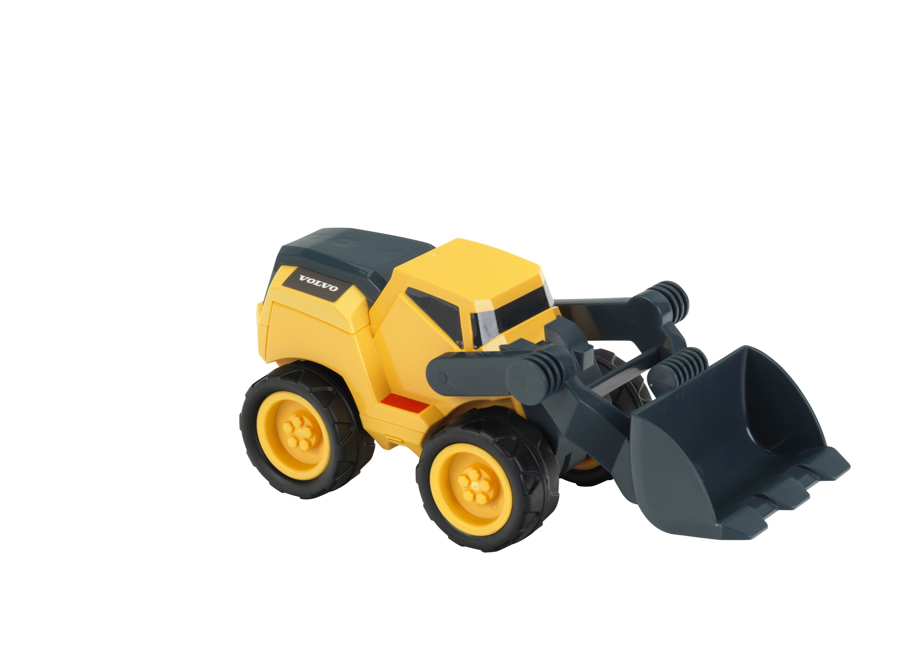 Żółta zabawka Volvo z czarną łyżką.