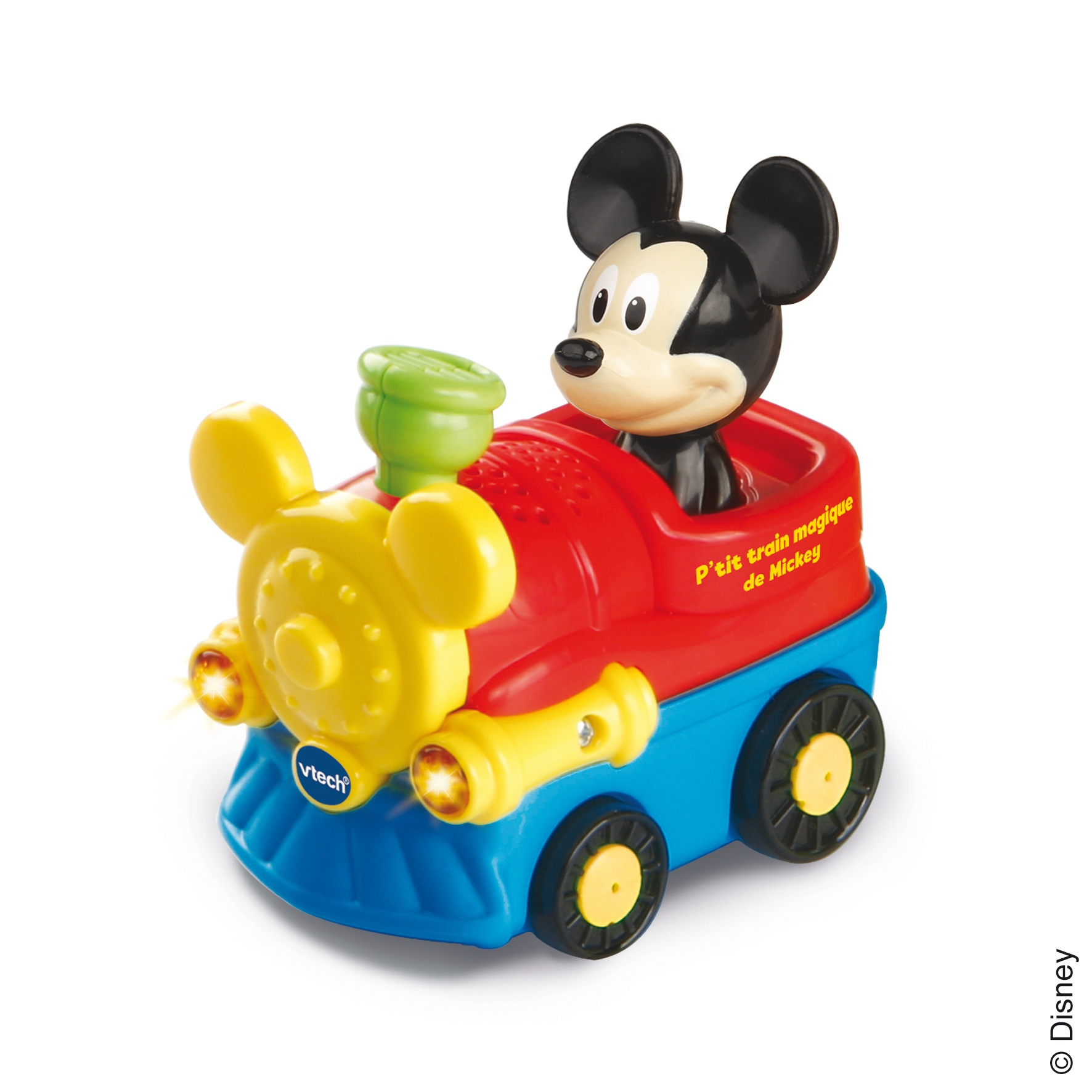 Zabawkowy pociąg Myszki Miki, czerwono-niebieski, z żółtymi akcentami i światłami.