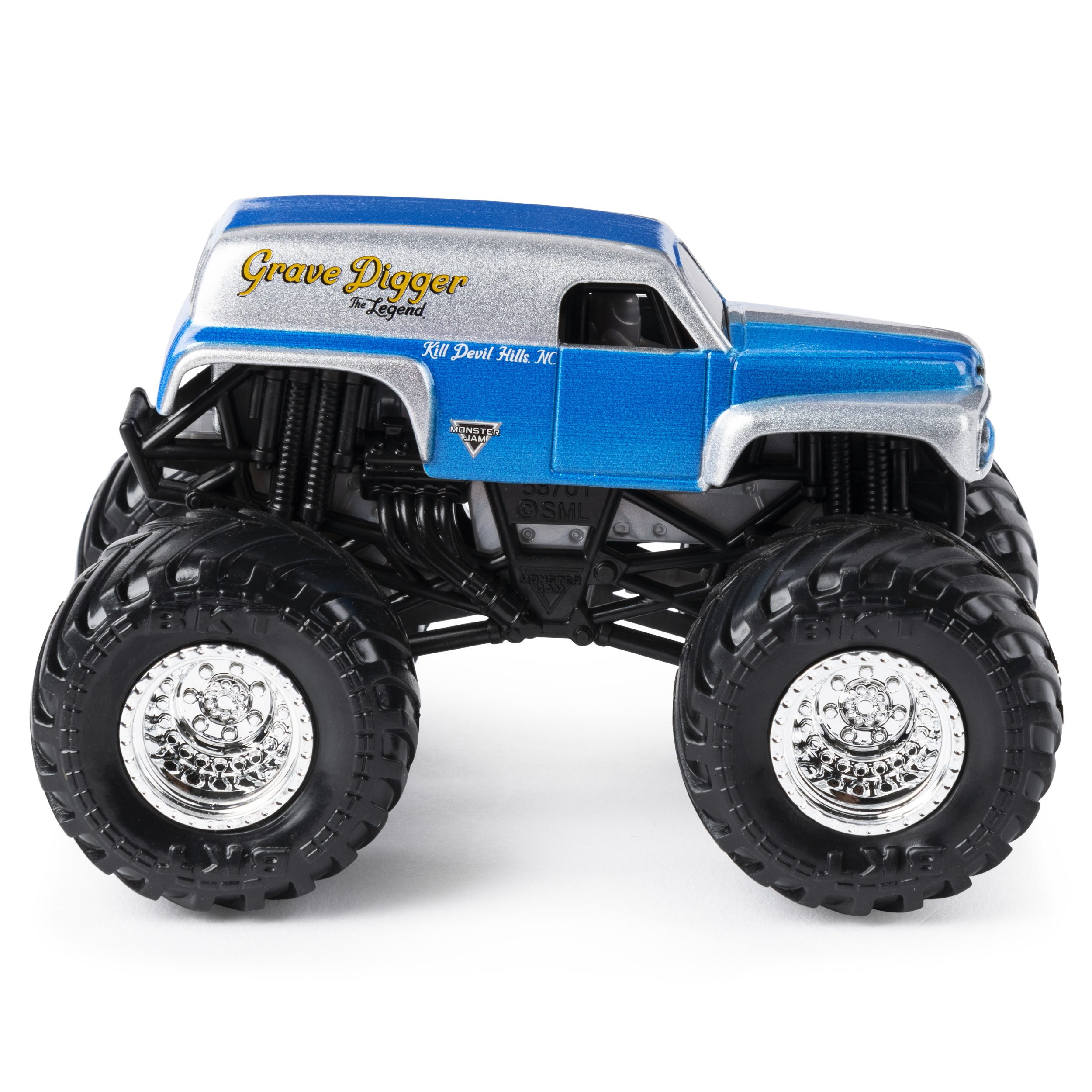 Niebiesko-srebrny monster truck, logo Grave Digger. Białe tło.