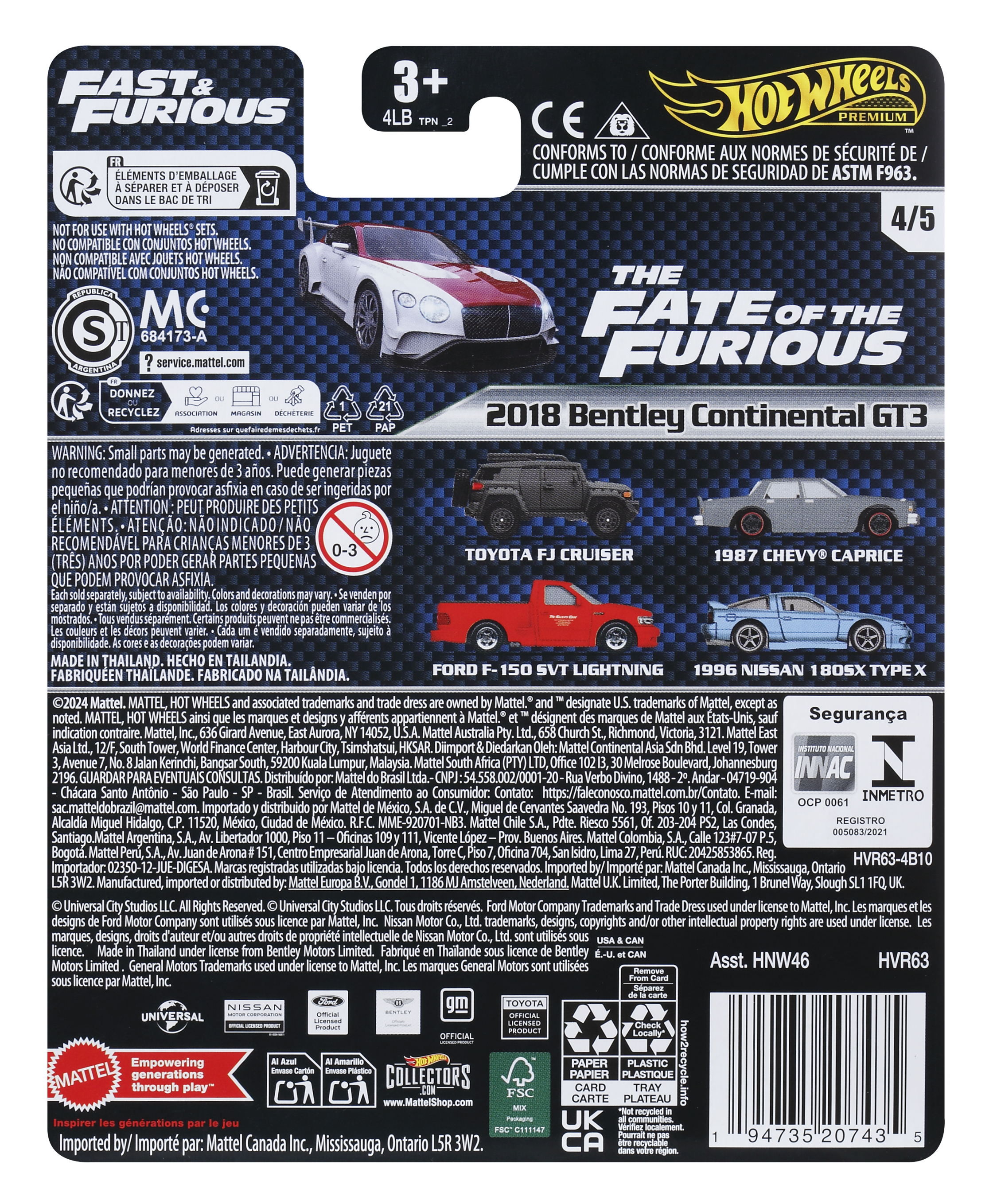 Tył pudełka z zabawką samochodową z modelami samochodów i tekstem.