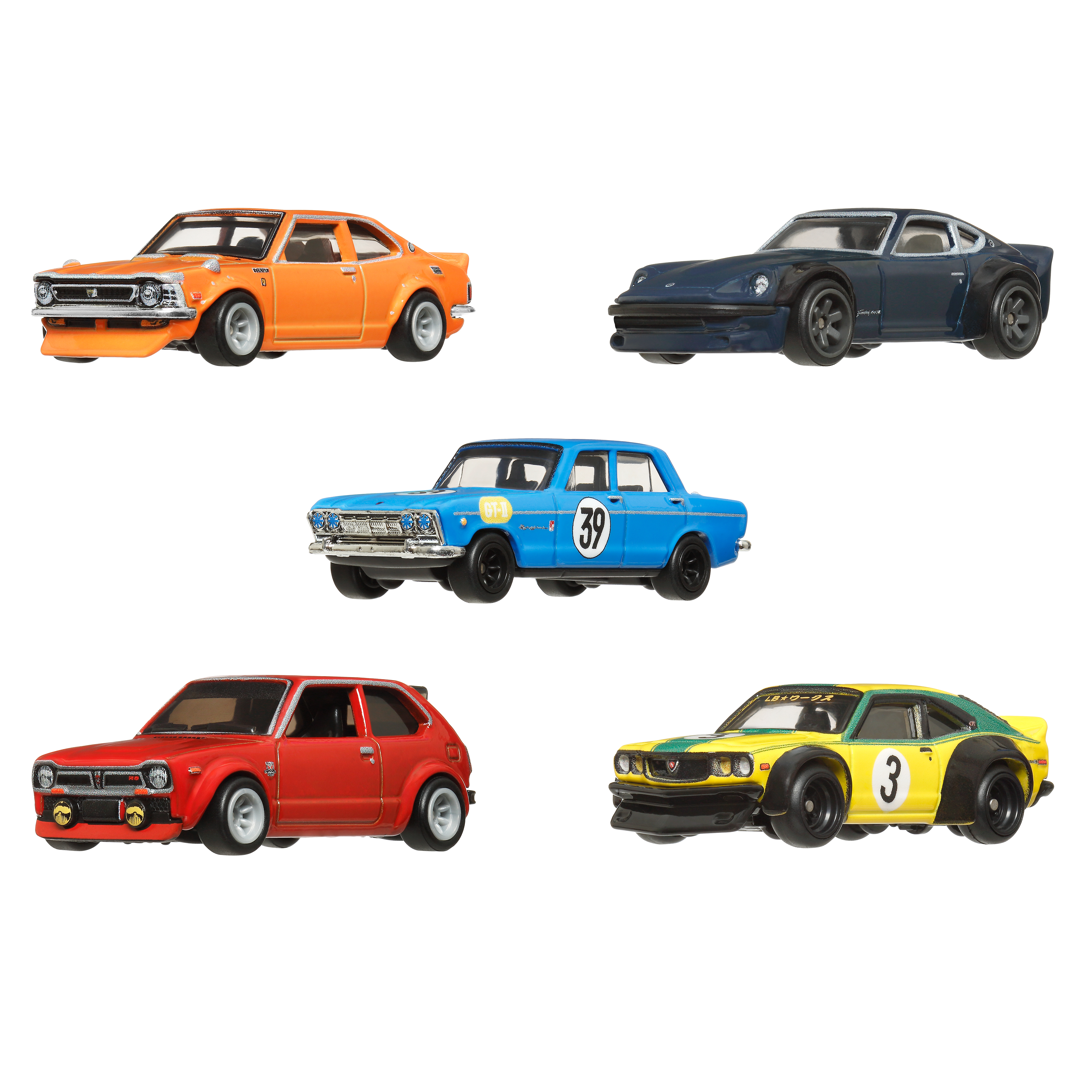 Pięć zabawek samochodowych. Pomarańczowy, ciemnoniebieski, jasnoniebieski, czerwony i żółto-zielony. Wszystkie niskie.