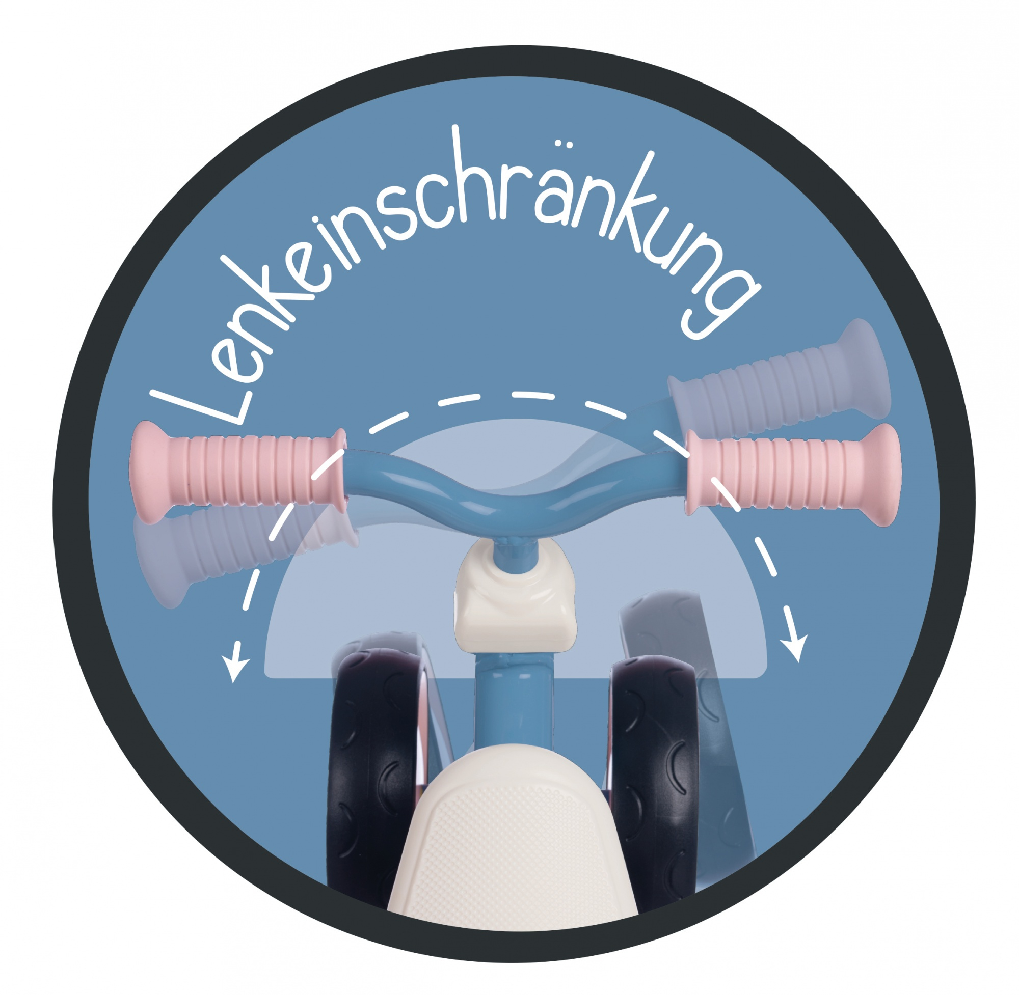 Ein Lenkradspielzeug mit rosa Griffen, umgeben von einem blauen Kreis.