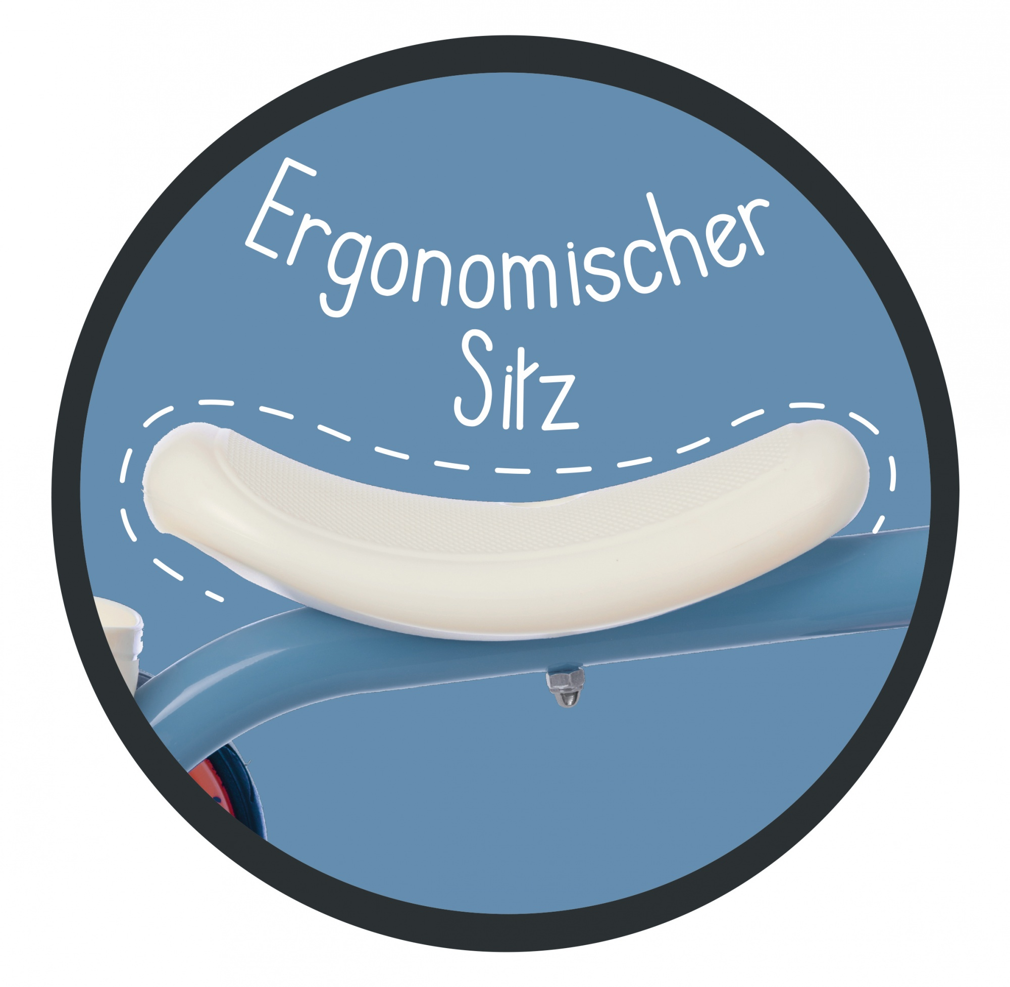 Nahaufnahme eines Sitzes mit der Aufschrift 'Ergonomischer Sitz'.