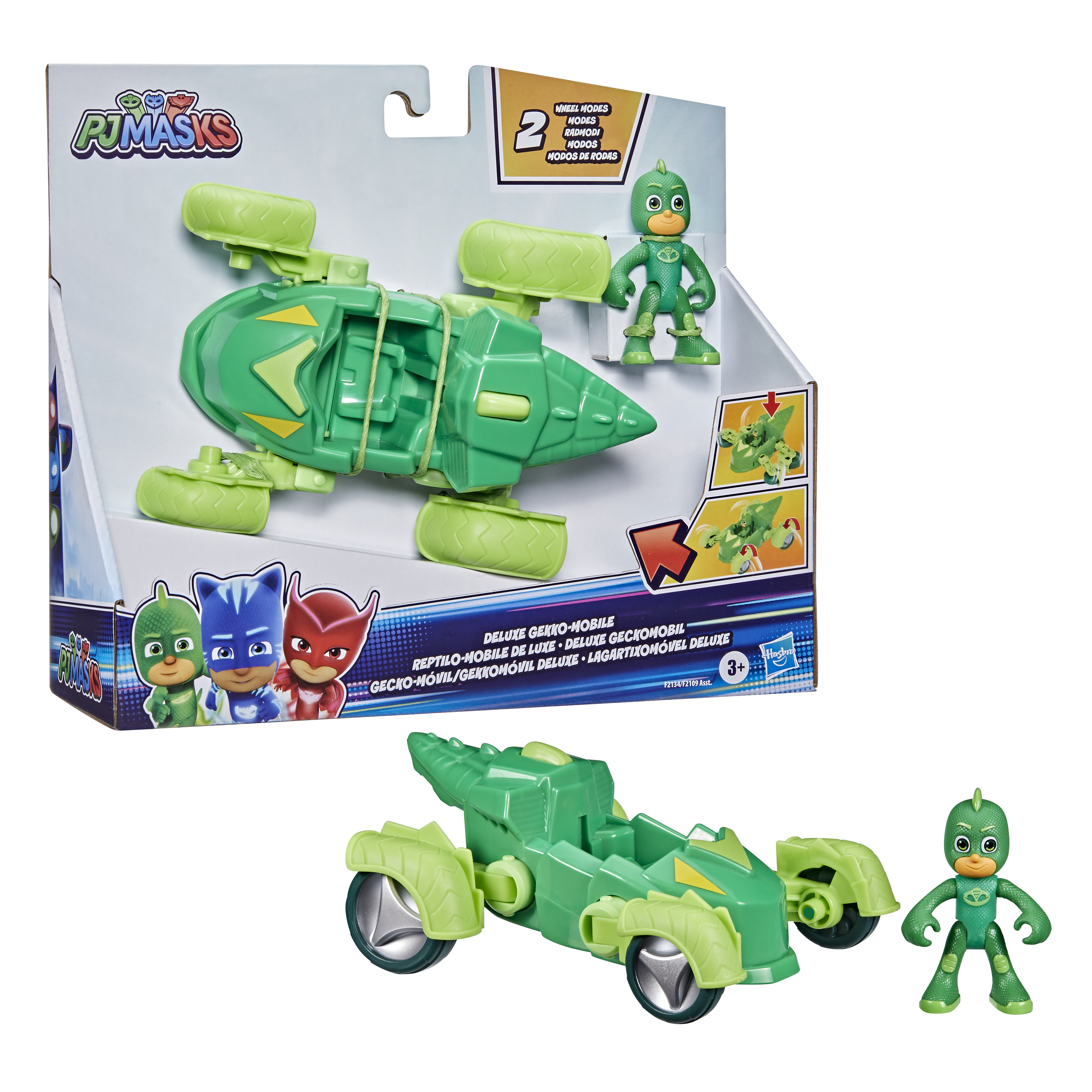 Zielony zestaw zabawek PJ Masks Gekko-Mobile. Pudełko z zabawką i figurką Gekko. Białe tło.