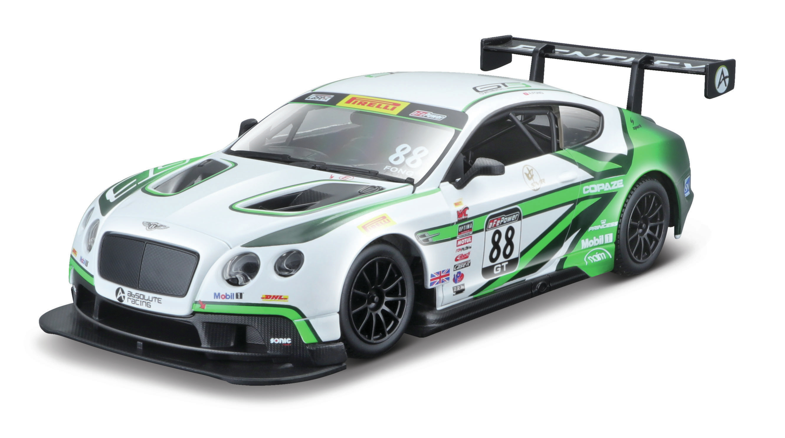 Biało-zielony samochód wyścigowy Bentley z numerem 88, zaparkowany na białej powierzchni. Czarne koła.