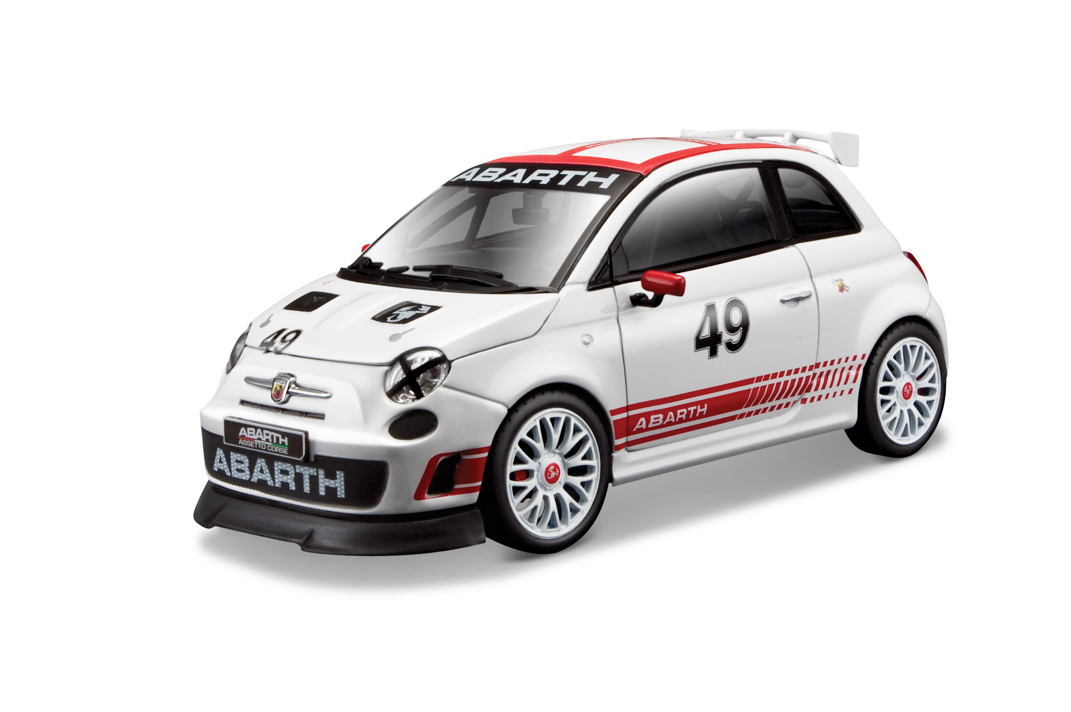 Biały samochodzik z czerwono-czarnymi paskami. Na boku napis "ABARTH". Numer 49.