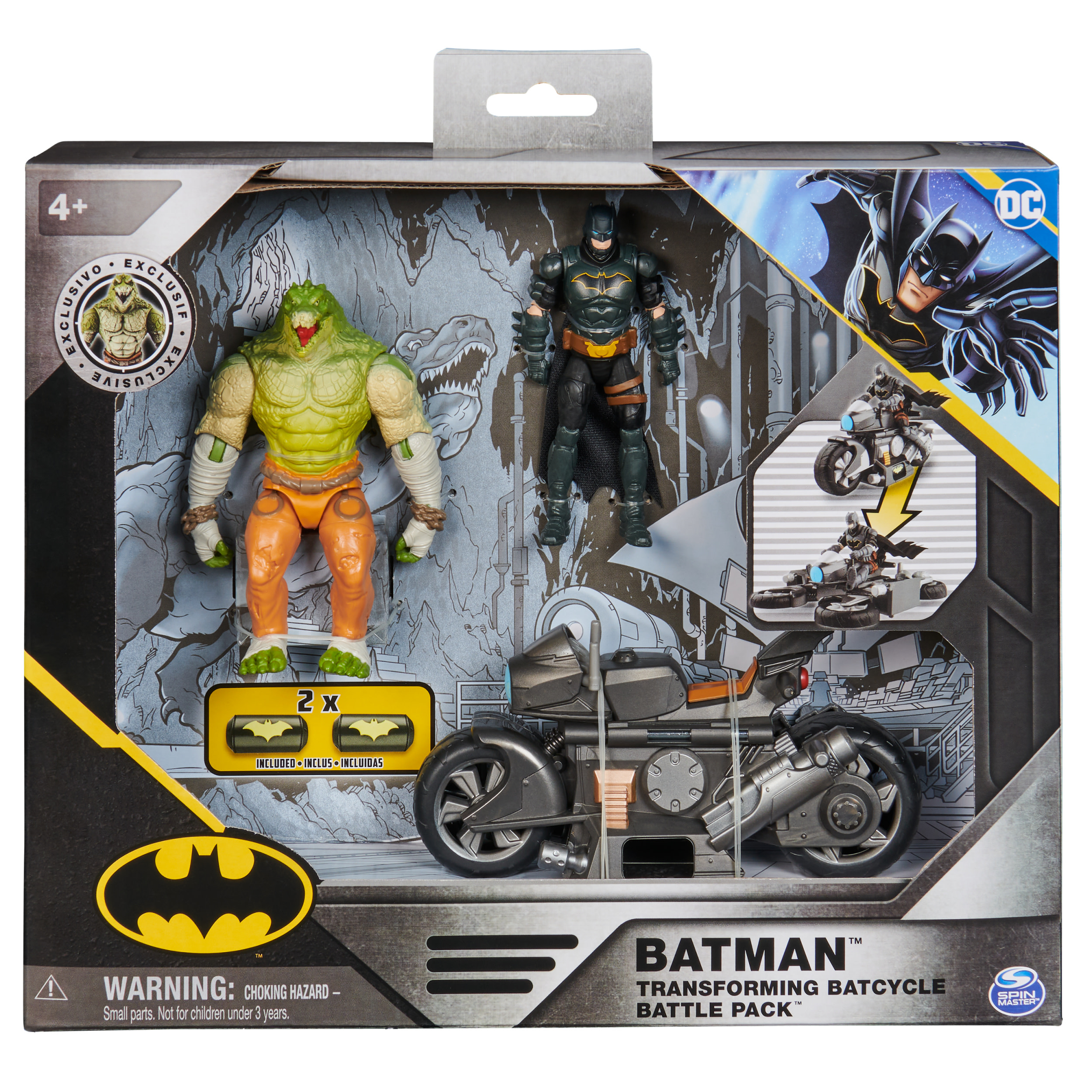 Zestaw zabawek Batman w pudełku z figurkami Batmana i Killer Croc oraz Batcycle.