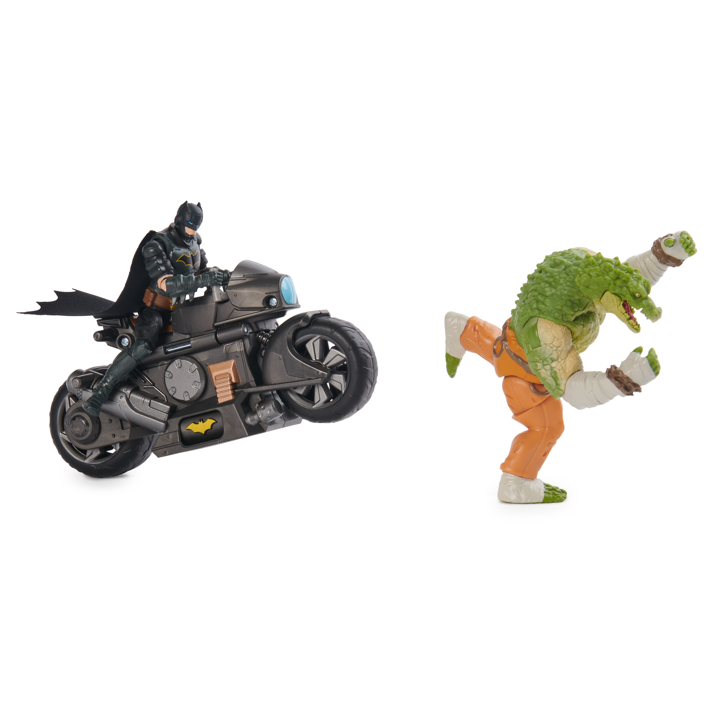 Batman na motocyklu i Killer Croc. Obie to figurki na białym tle.
