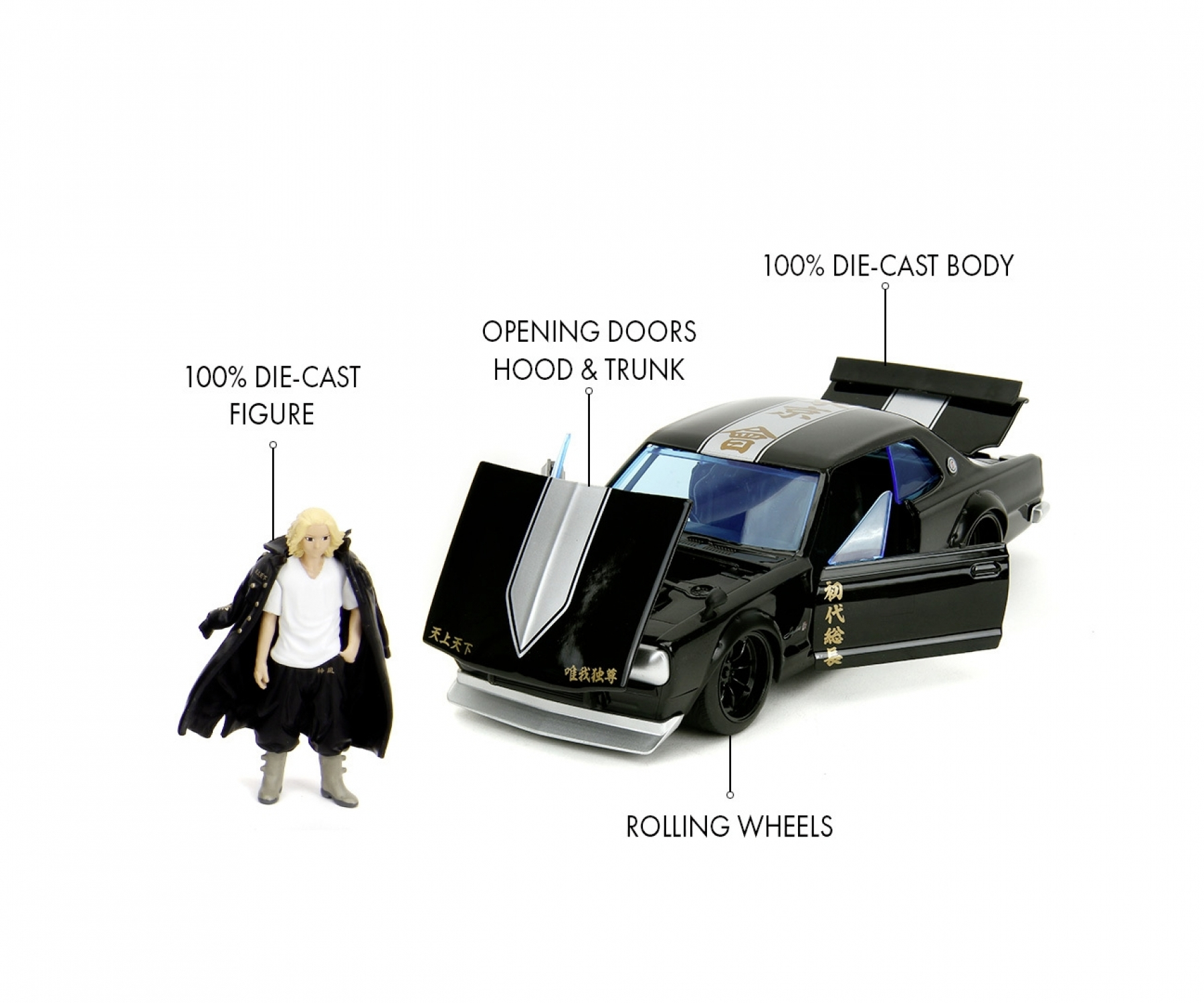 Czarny zabawkowy samochód z otwartymi drzwiami i figurką. Tekst opisu podkreśla cechy odlewu ciśnieniowego.