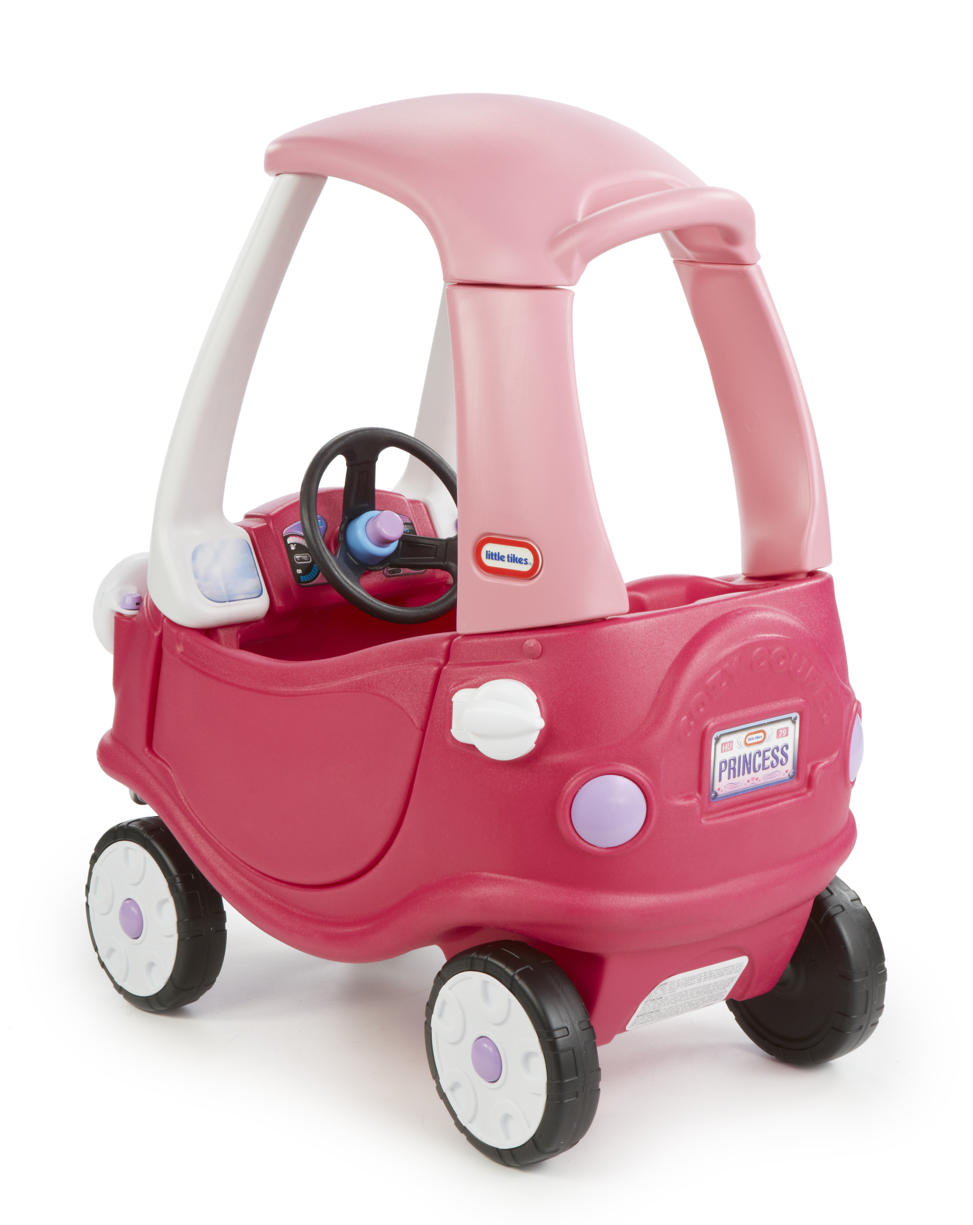 Macchina giocattolo rosa con volante e dettagli bianchi e viola. Dice 'Principessa'.
