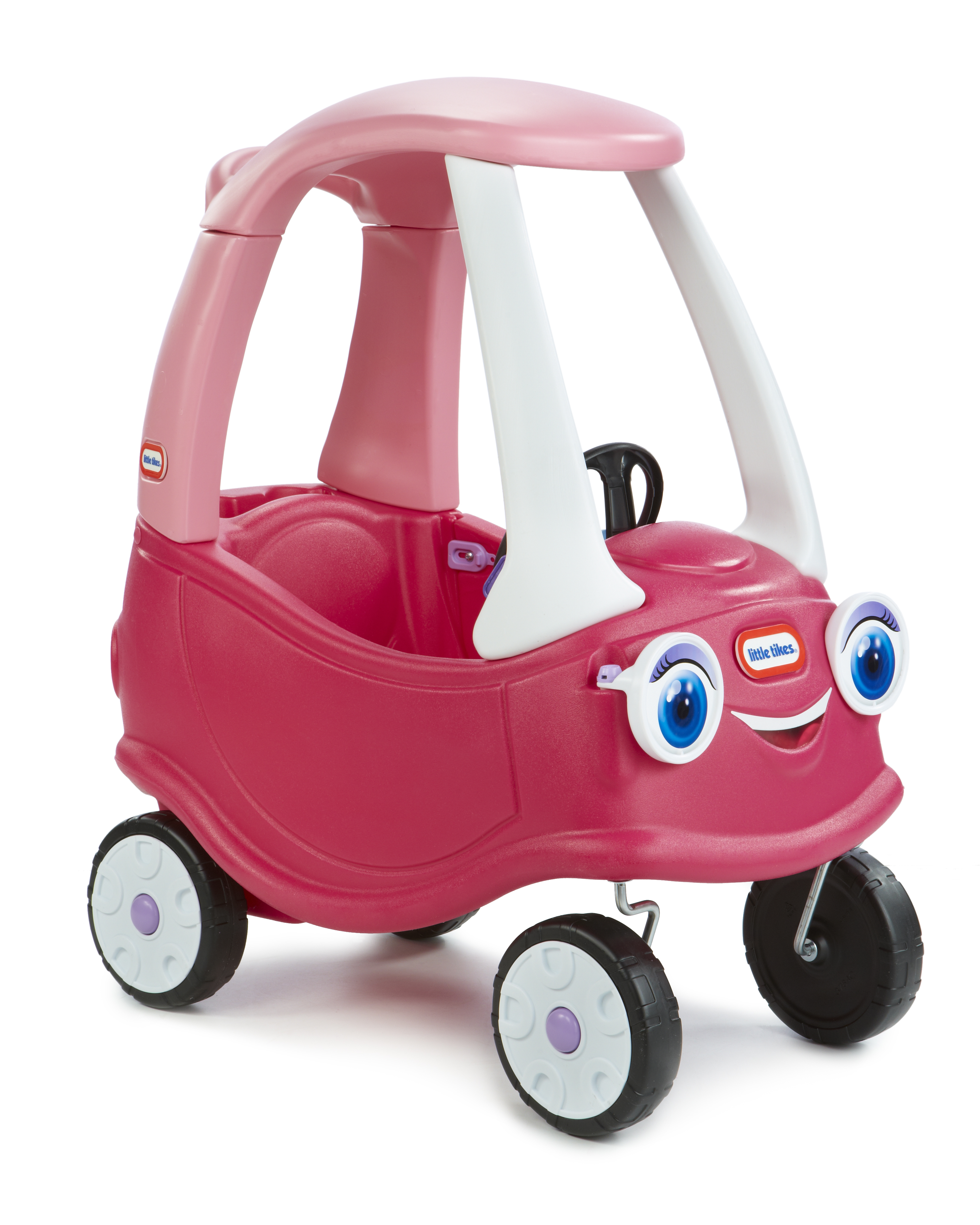 Un'auto giocattolo Little Tikes rosa con un volto sorridente e grandi occhi blu. Accenti bianchi e viola.