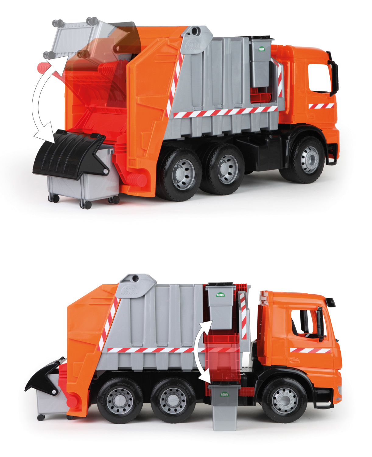 Due immagini di un camion della spazzatura giocattolo arancione e grigio. Il contenitore viene svuotato nel camion.