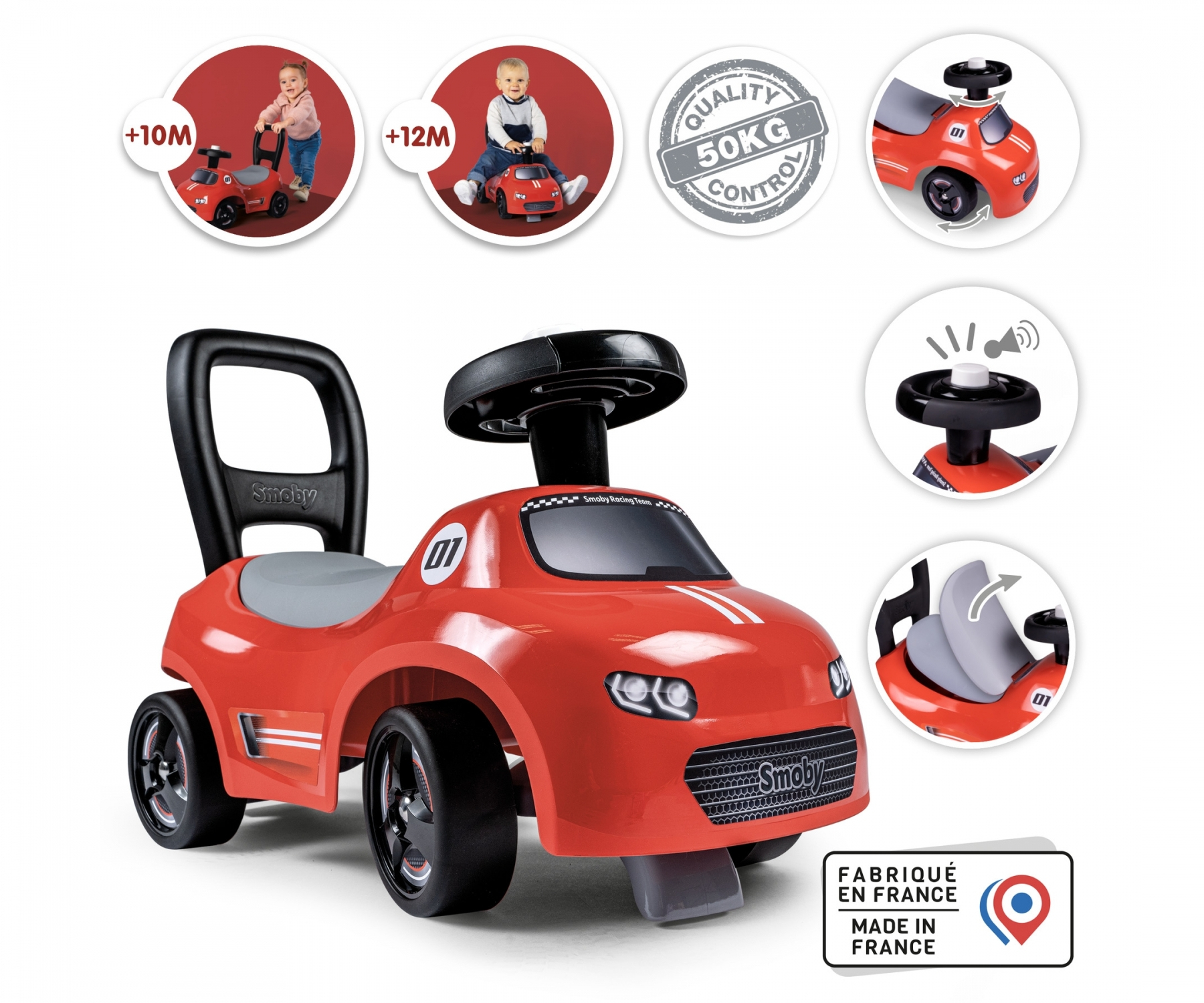 Auto rosso cavalcabile con maniglia nera. Include immagini di bambini che lo usano e funzionalità.