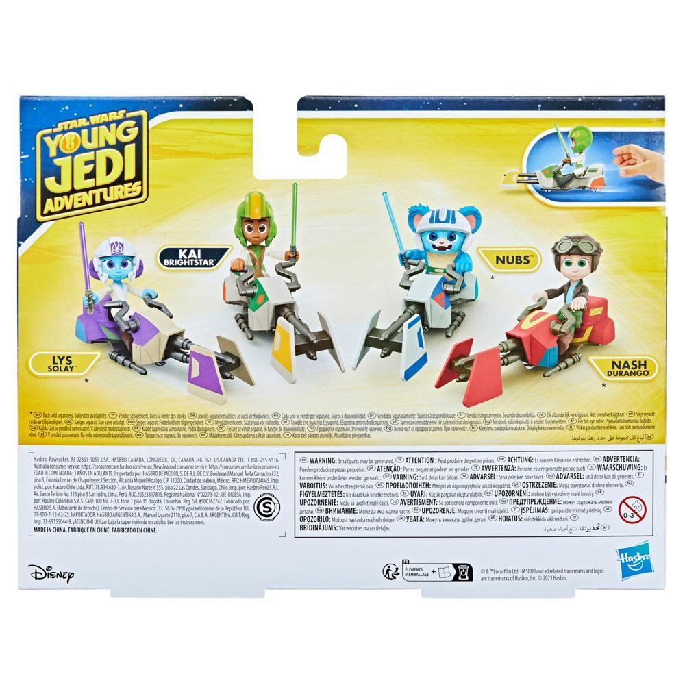 Opakowanie z zabawkami Star Wars z figurkami. Cztery różne figurki na speederach. Tekst na opakowaniu.