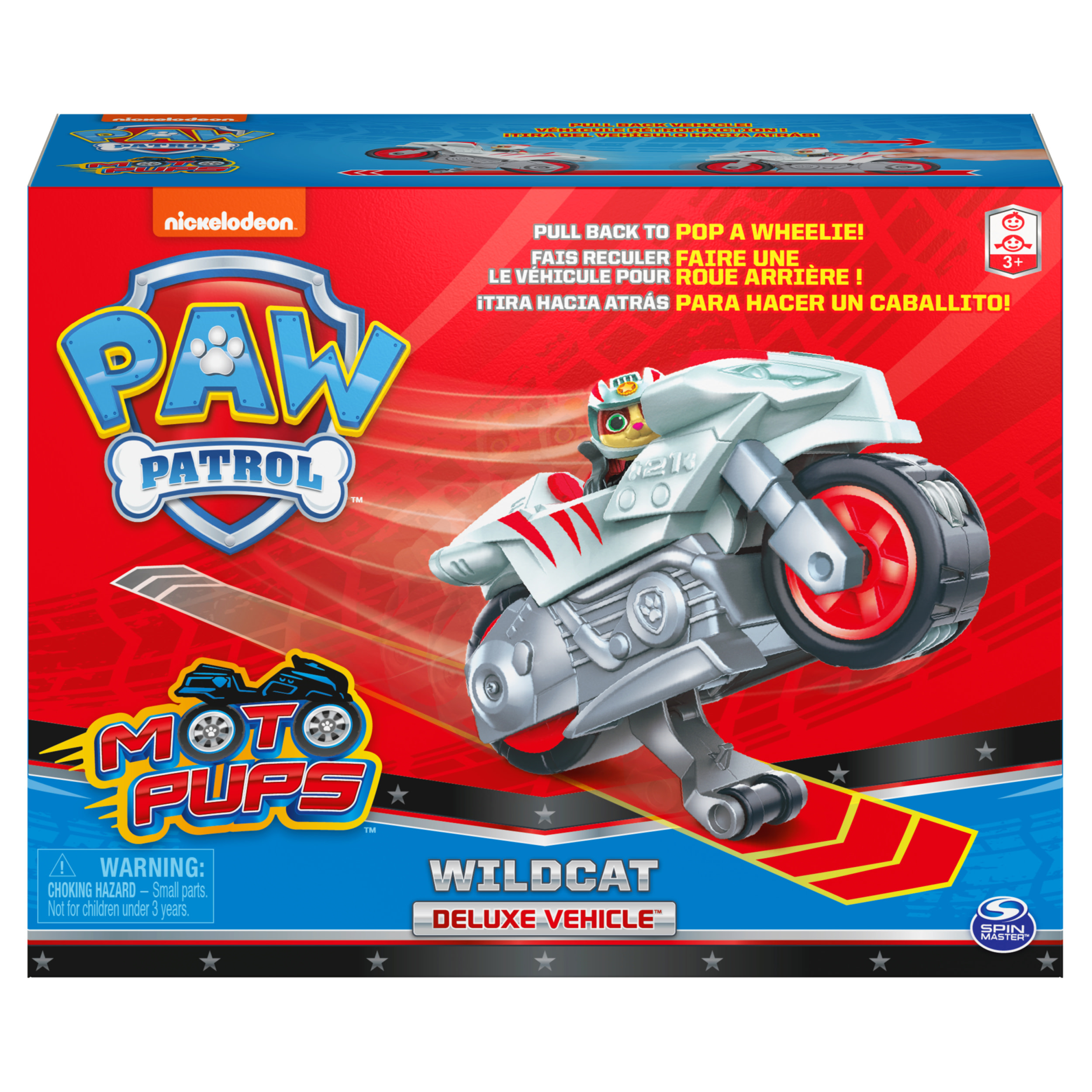 Spielzeugkiste mit einem weißen und grauen Motorrad. Es hat ein rot-weißes Design. Die Box hat das Paw Patrol Logo.