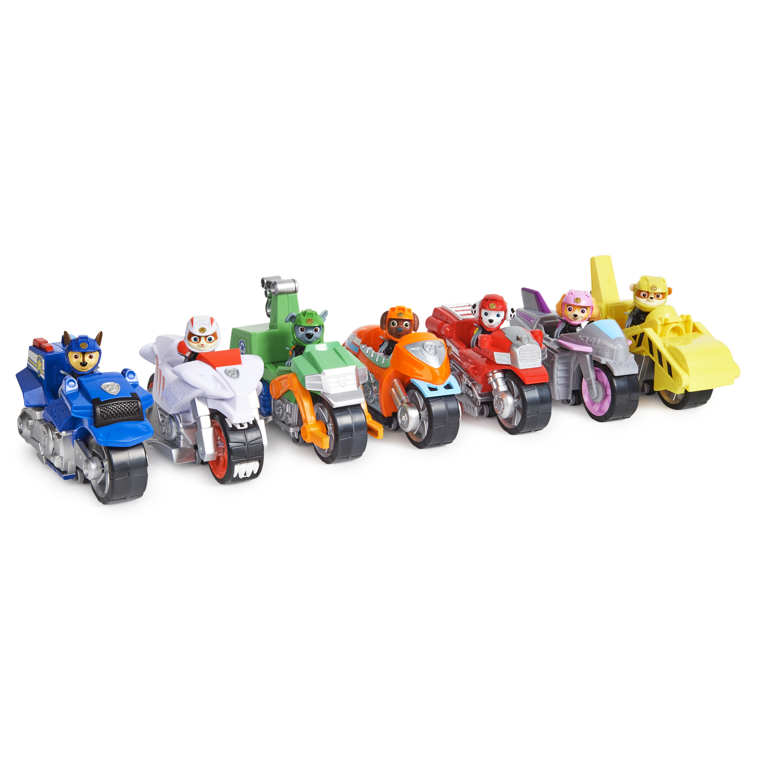 Eine Gruppe von Spielzeugmotorrädern in verschiedenen Farben mit Spielfiguren darauf.