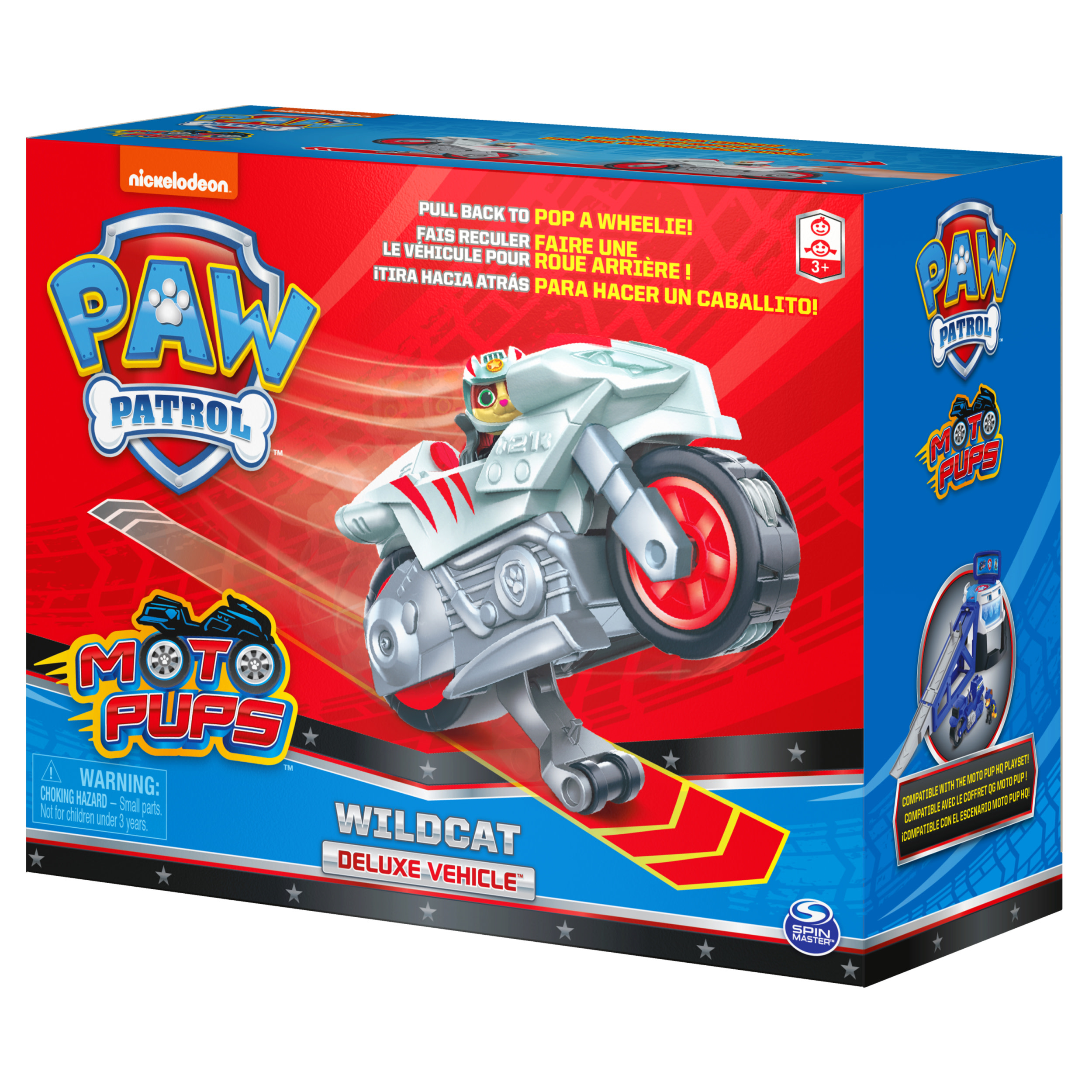 Verpacktes Paw Patrol Moto Pups Spielzeug. Die Vorderseite zeigt ein weißes Motorrad mit einer Hundecharakter.