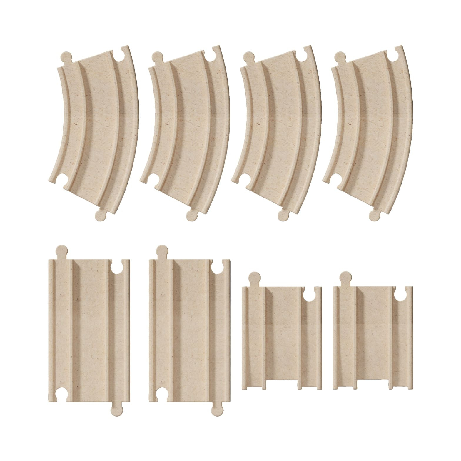 Zakrzywione i proste drewniane tory kolejowe.