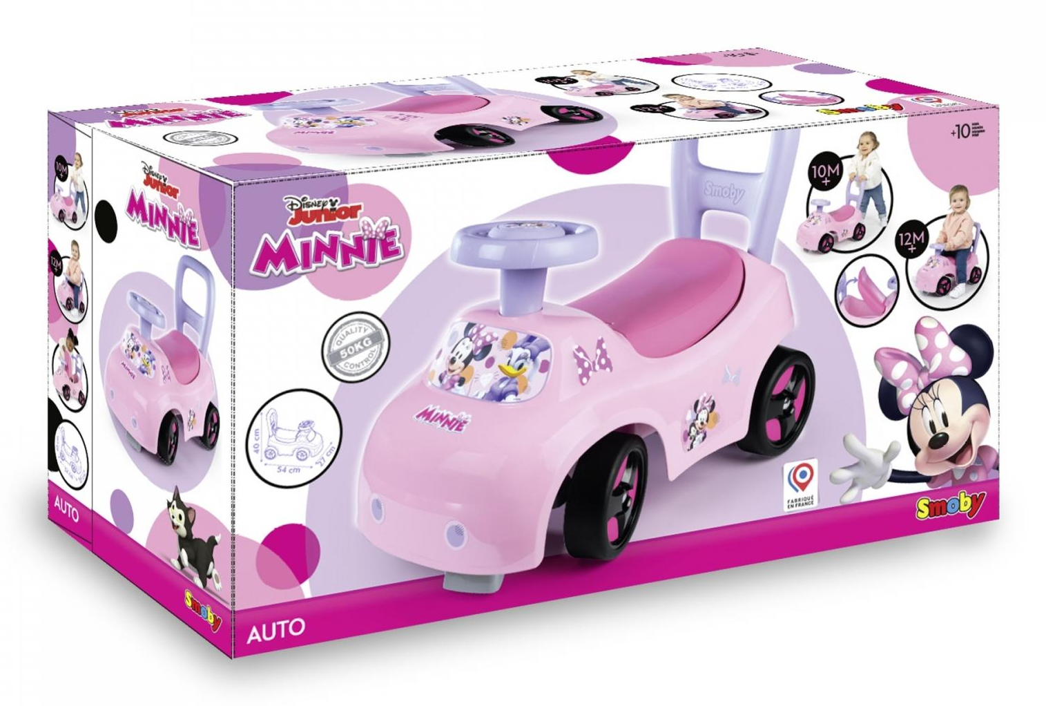 Rosa Disney Junior Minnie Spielzeugauto in der Box. Minnie Mouse und Details auf der Box.