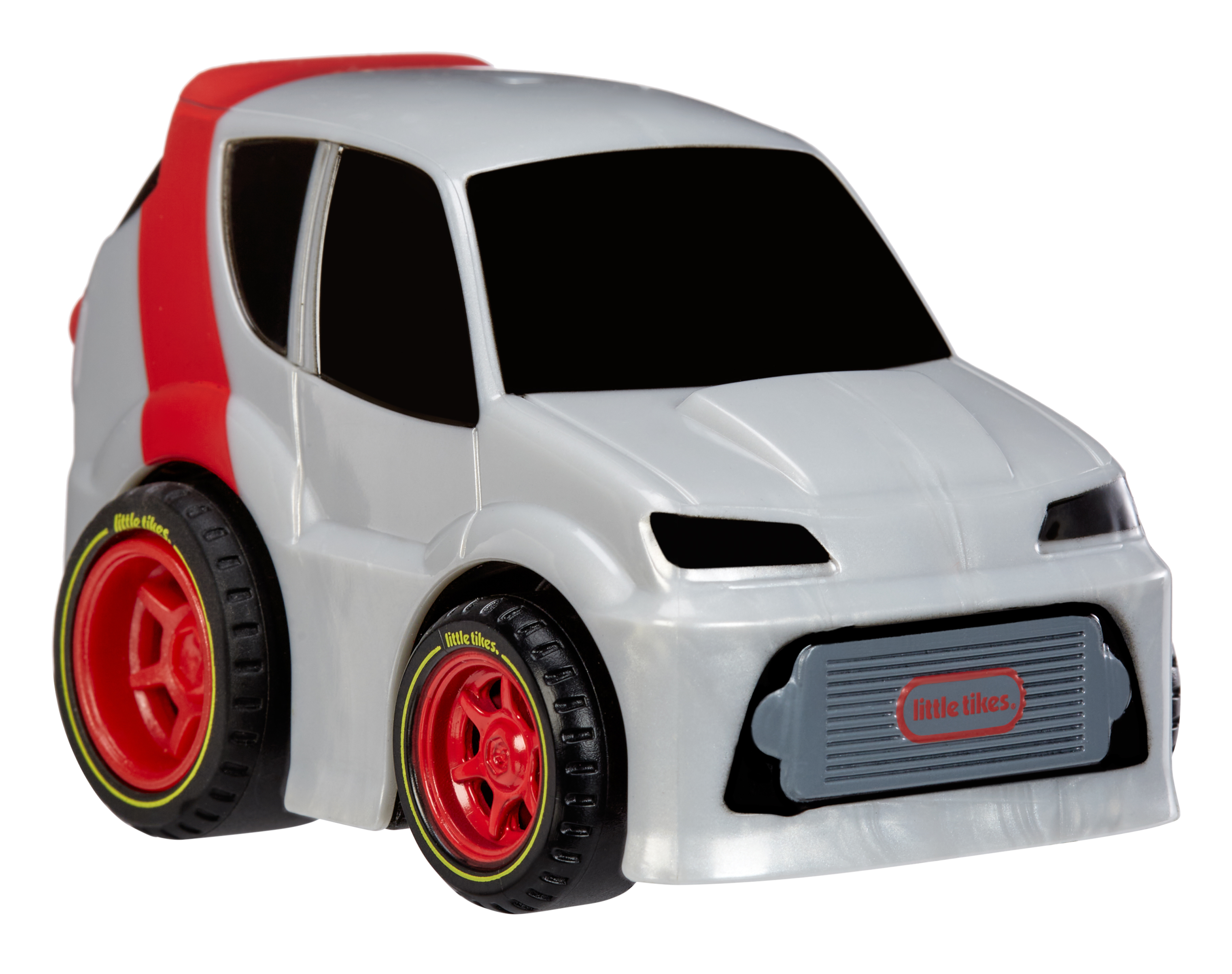 Szary i czerwony samochodzik Little Tikes. Posiada czerwone felgi i szare detale z przodu.