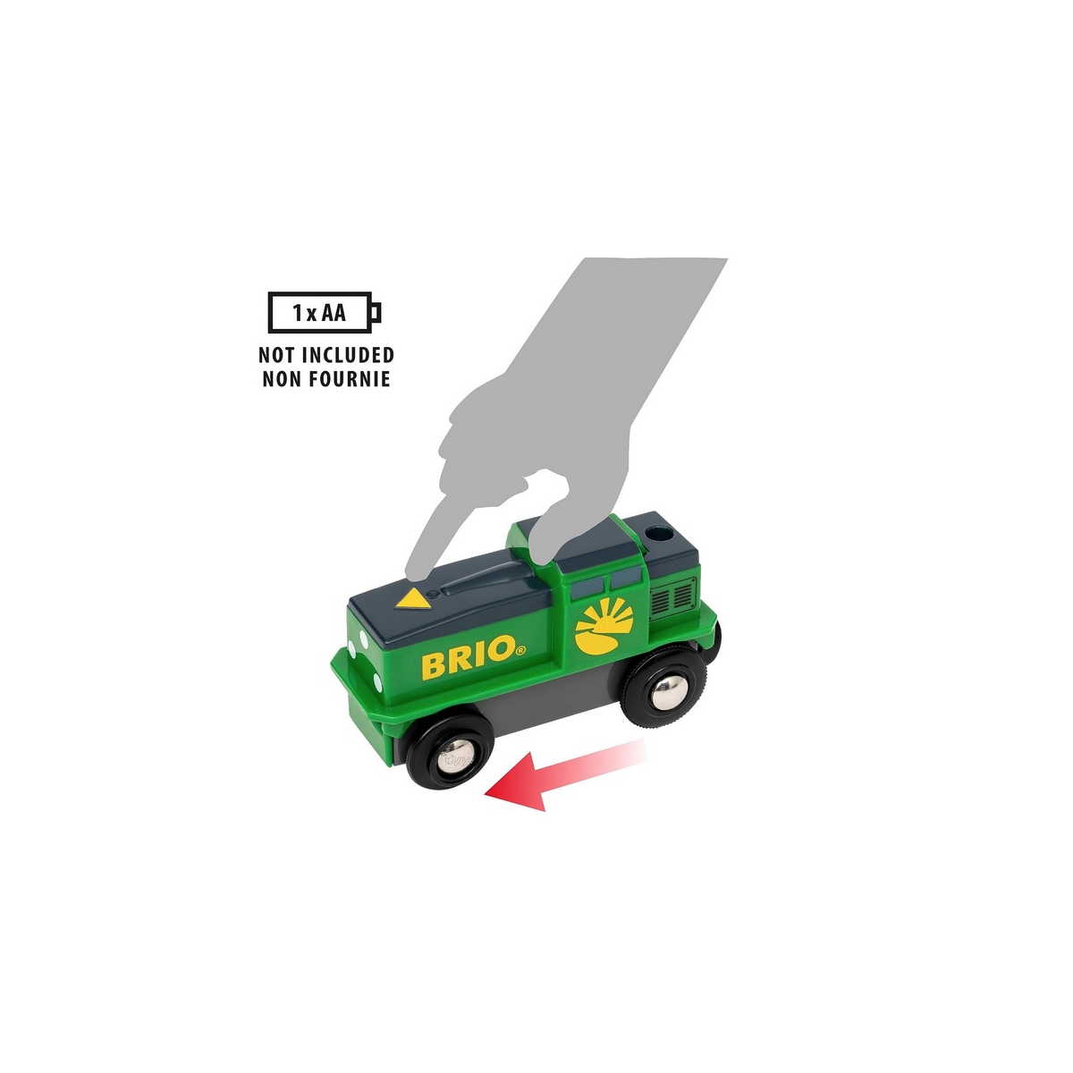 Zielony pociąg zabawka ze wskazującą dłonią. Białe tło.