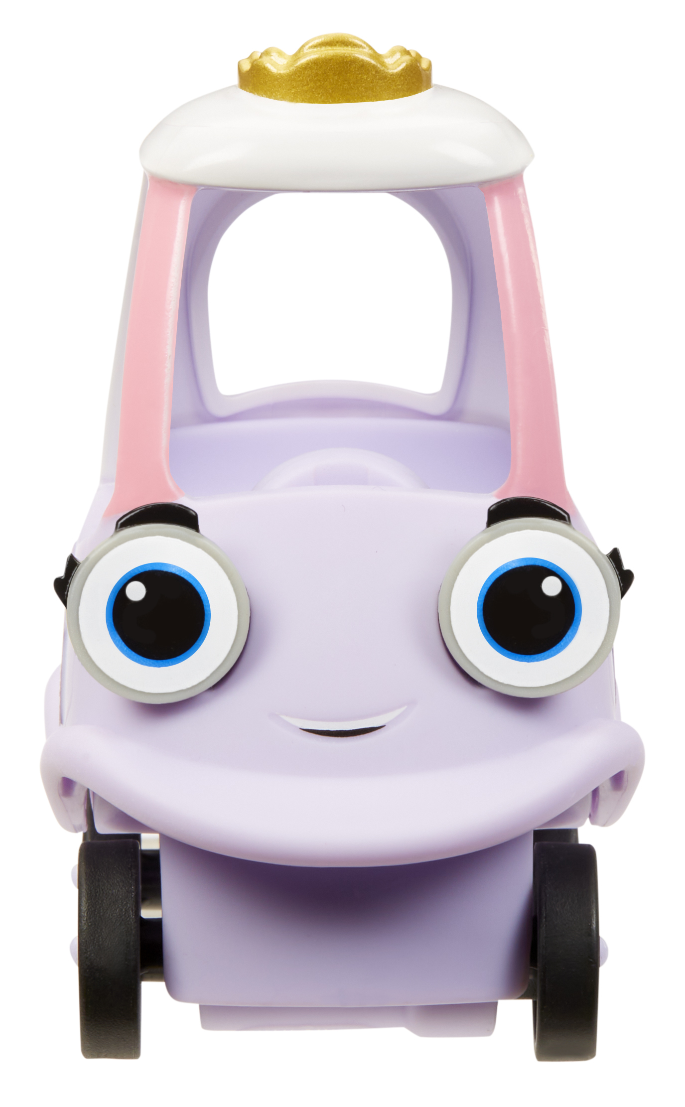 Fioletowy samochodzik z koroną na górze i dużymi, okrągłymi oczami.