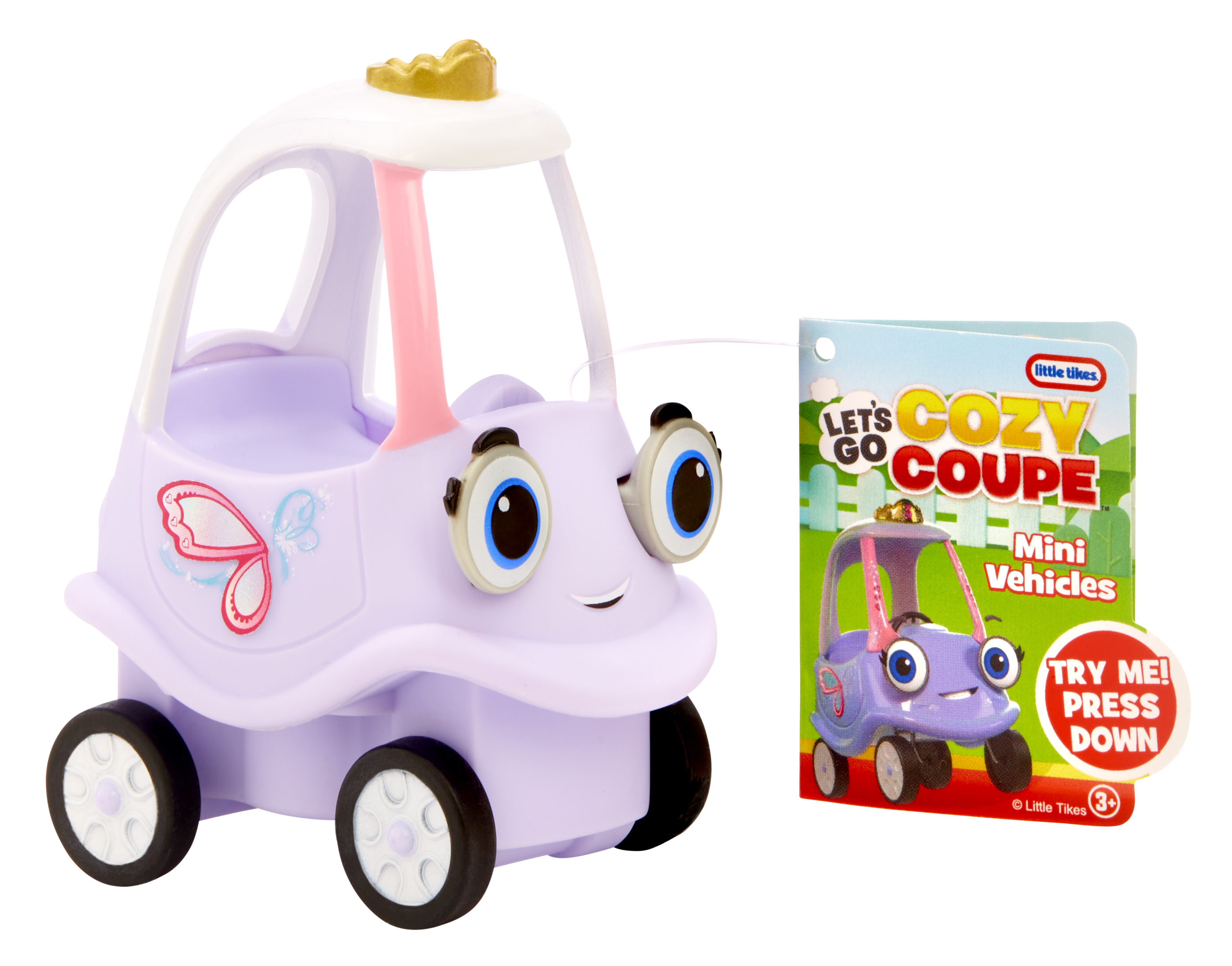 Fioletowy zabawkowy samochód z koroną i motylem. Jest etykieta z tekstem "Let's Go Cozy Coupe".